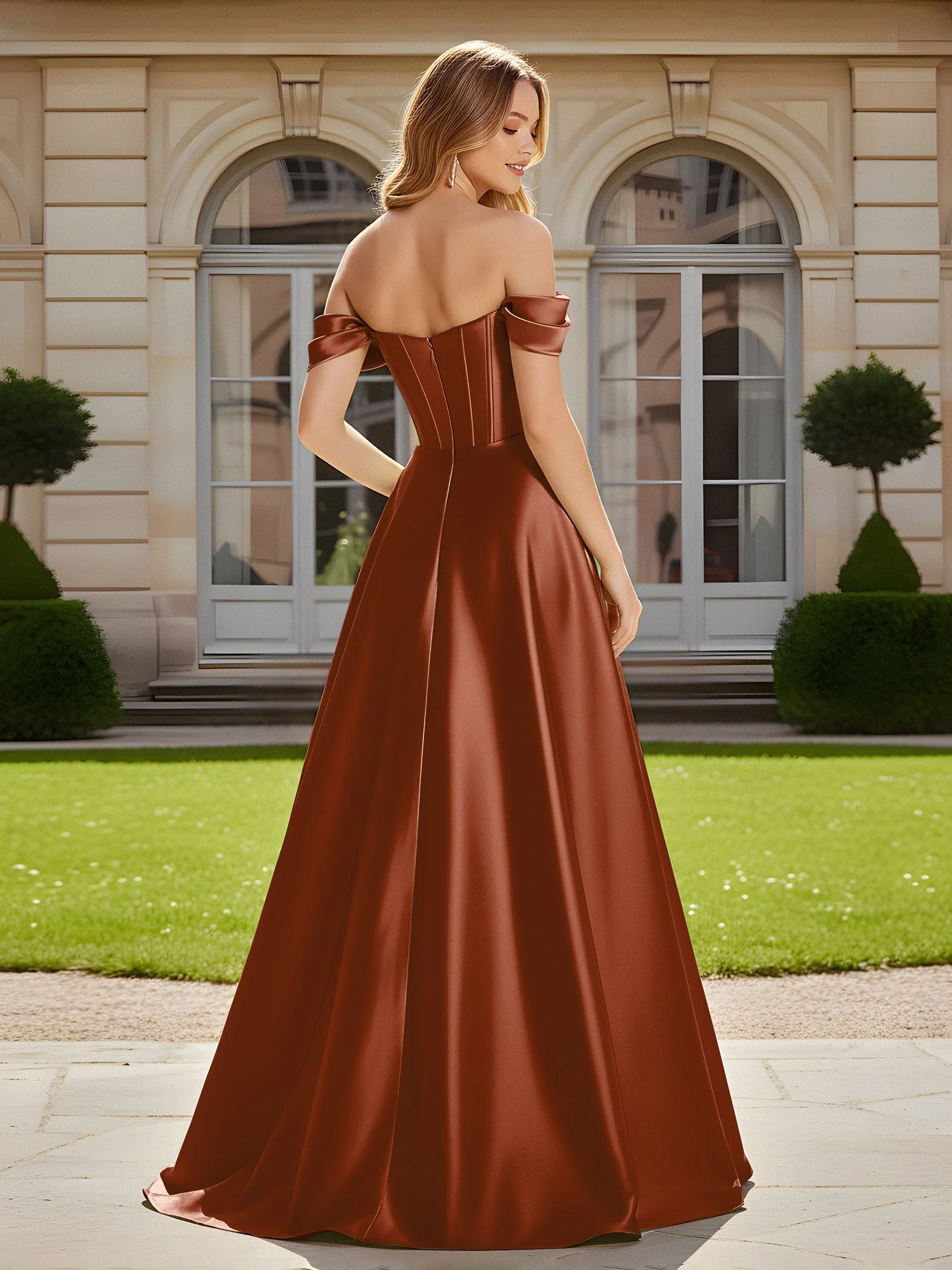 Elegant Schulterfrei Plissee Maxi Kleid mit Schlitz Terrakotta - Image 2
