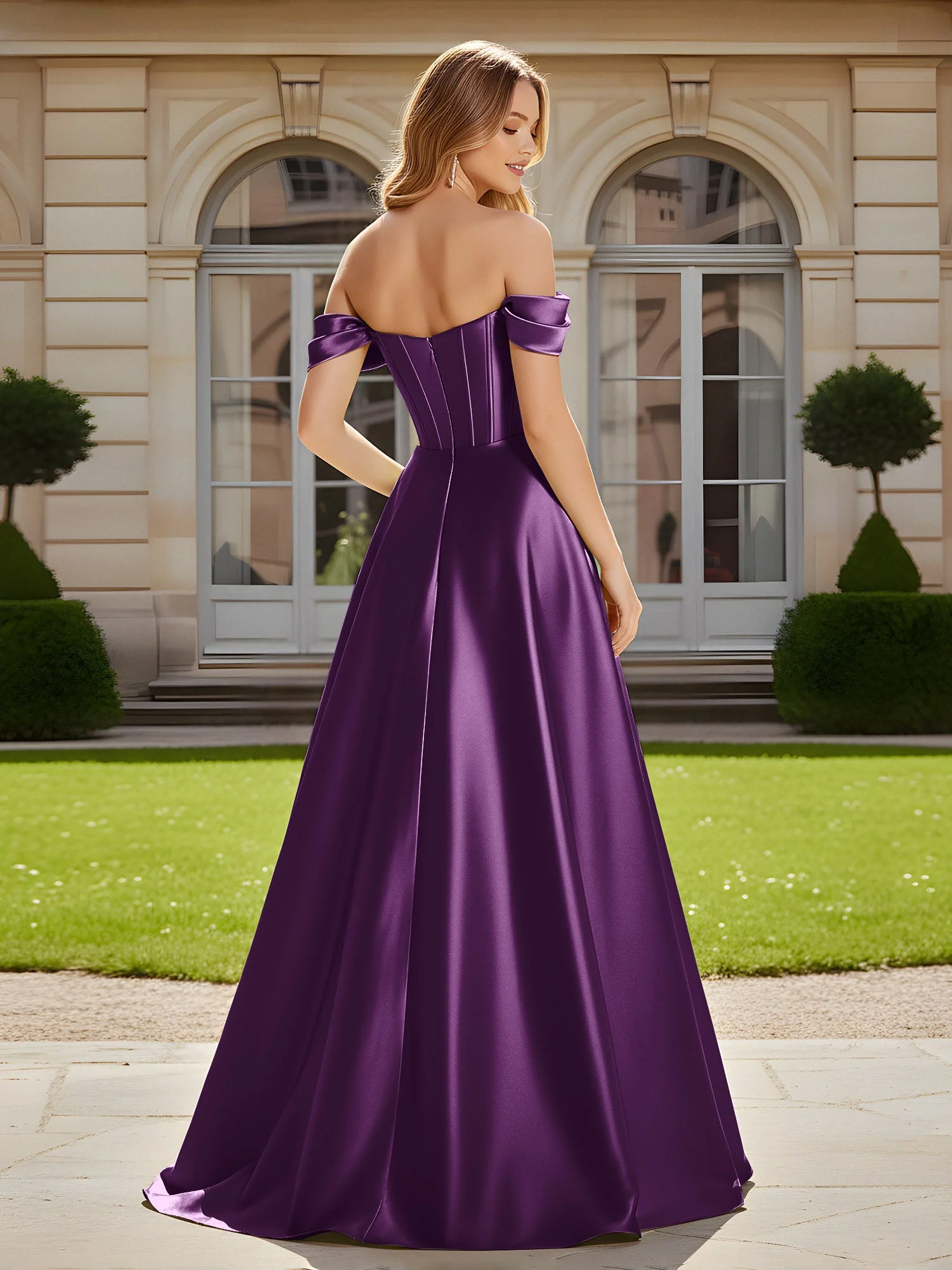 Elegant Schulterfrei Plissee Maxi Kleid mit Schlitz Traube - Image 2