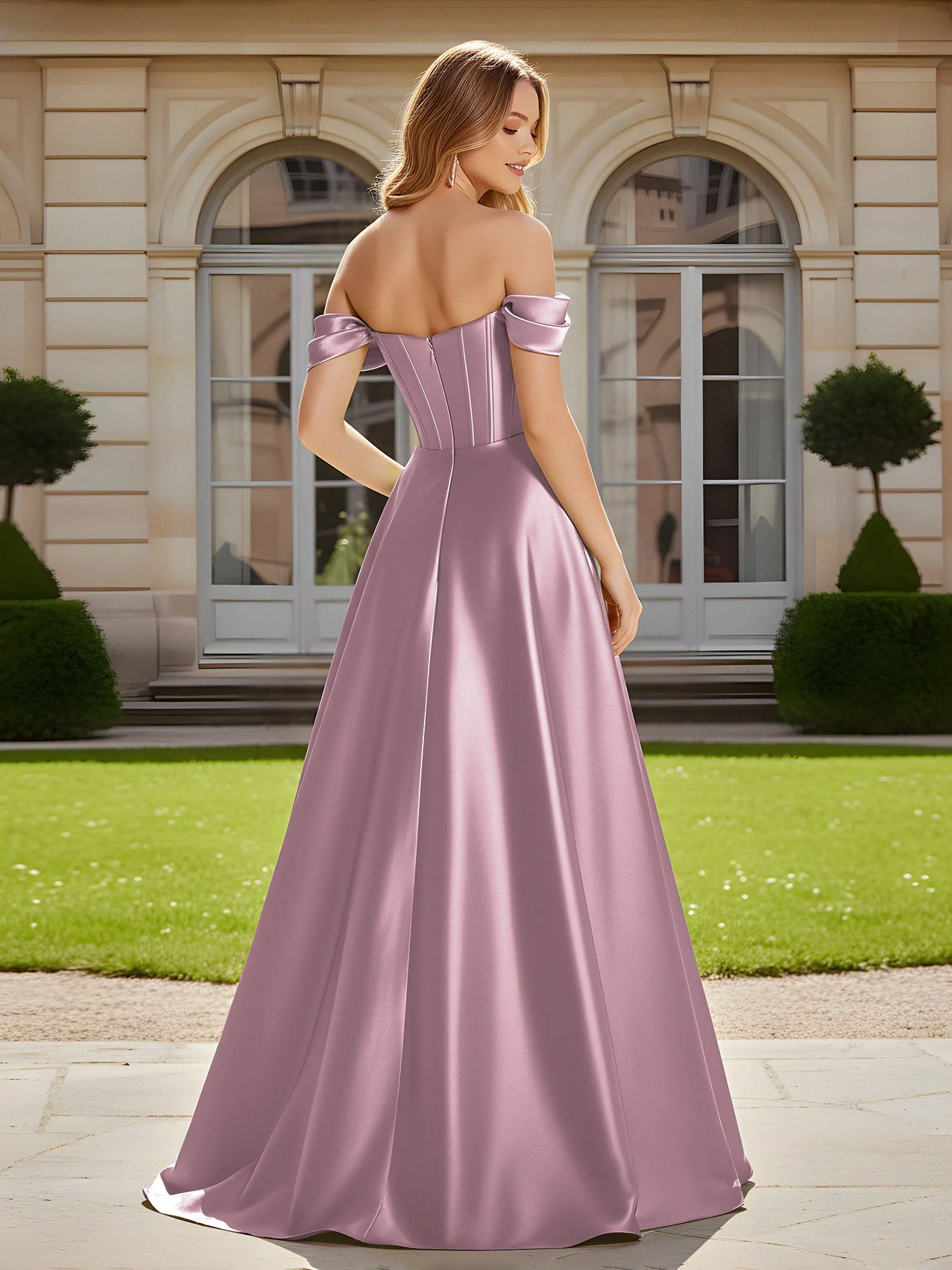 Elegant Schulterfrei Plissee Maxi Kleid mit Schlitz Vintage Mauve - Image 2