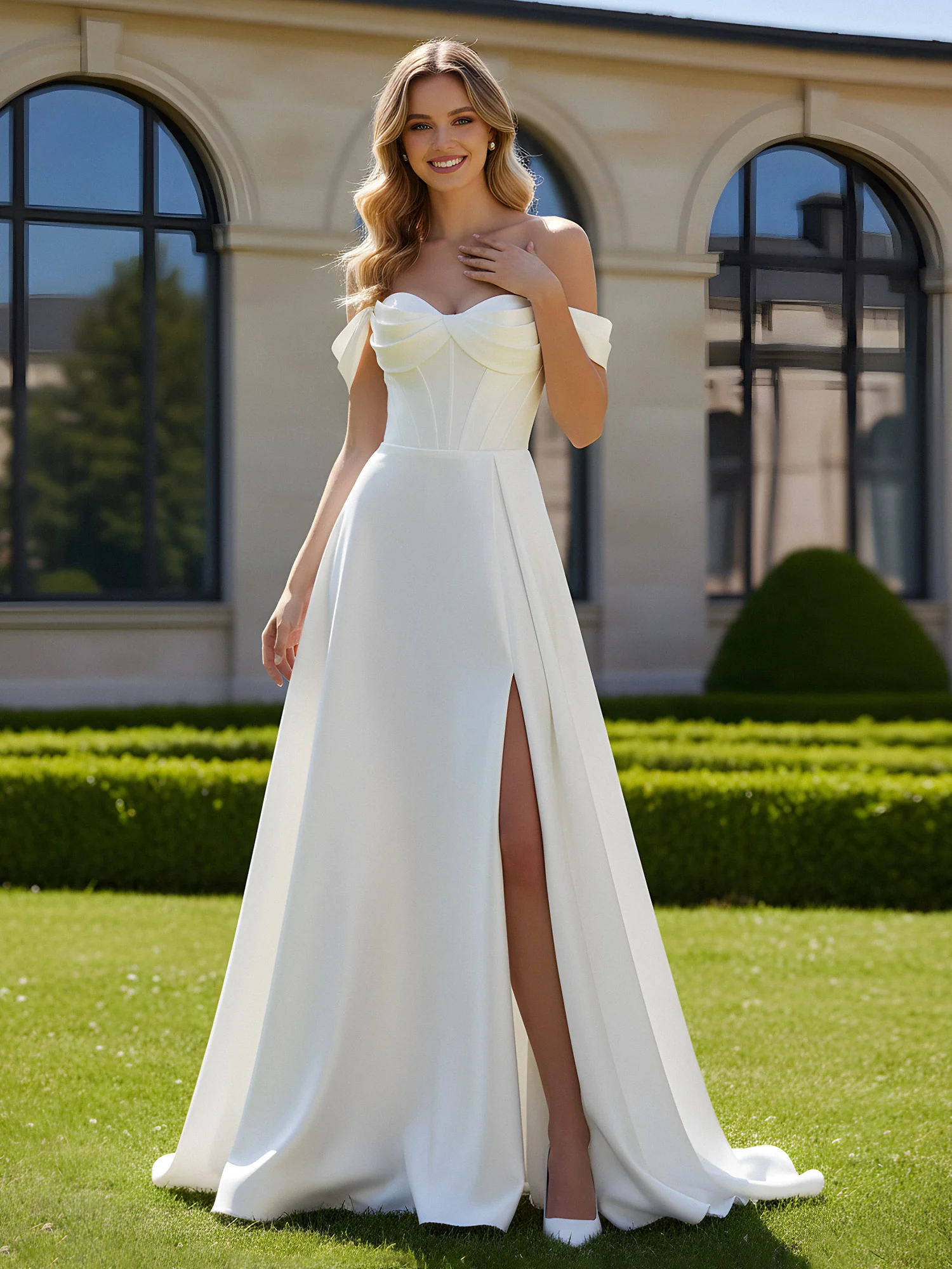 Elegant Schulterfrei Plissee Maxi Kleid mit Schlitz Weiß