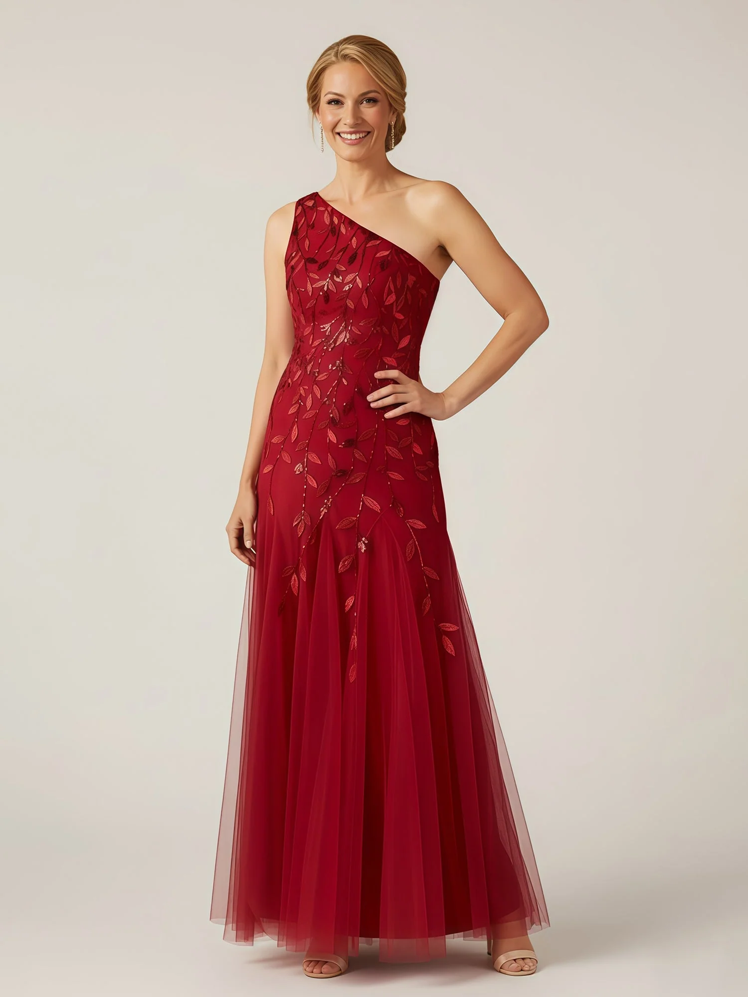 Eine Schulter Pailletten Appliqued Tüll Lang Kleid Burgunderrot