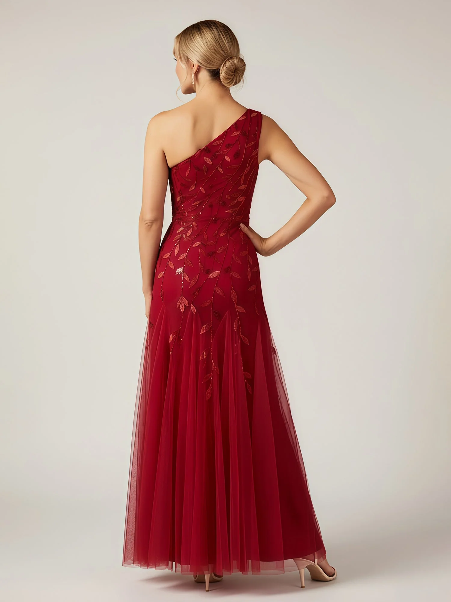 Eine Schulter Pailletten Appliqued Tüll Lang Kleid Burgunderrot - Image 2