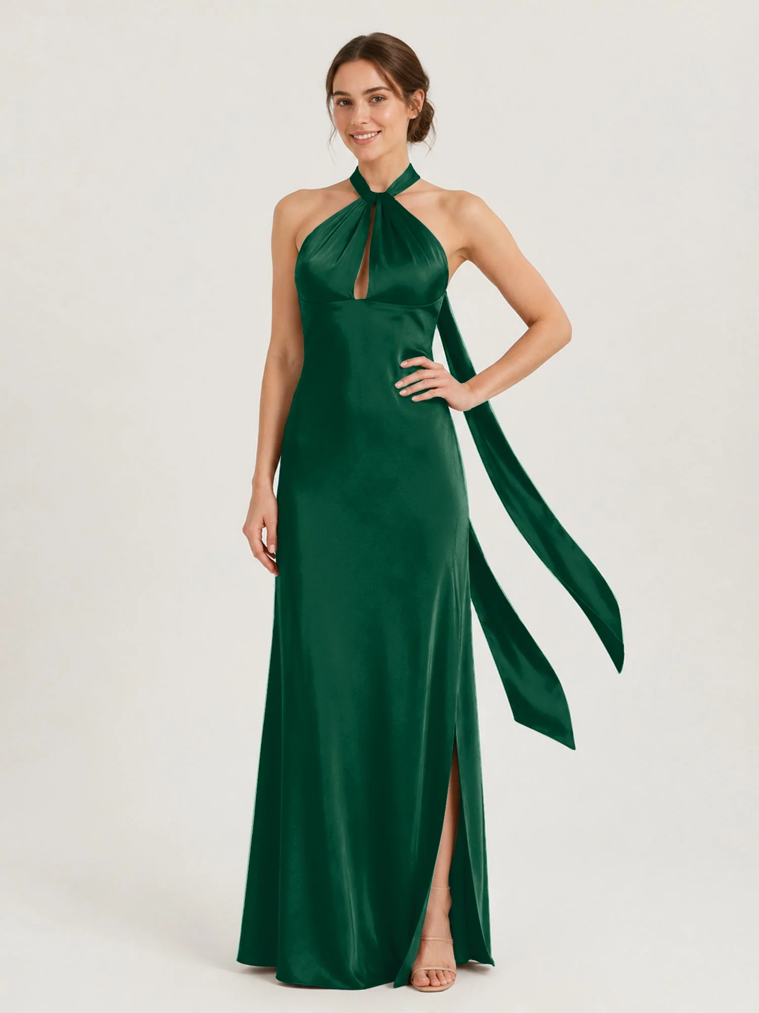 Satin Abendkleid mit Twist Neckholder und Keyhole Detail Dunkelgrün