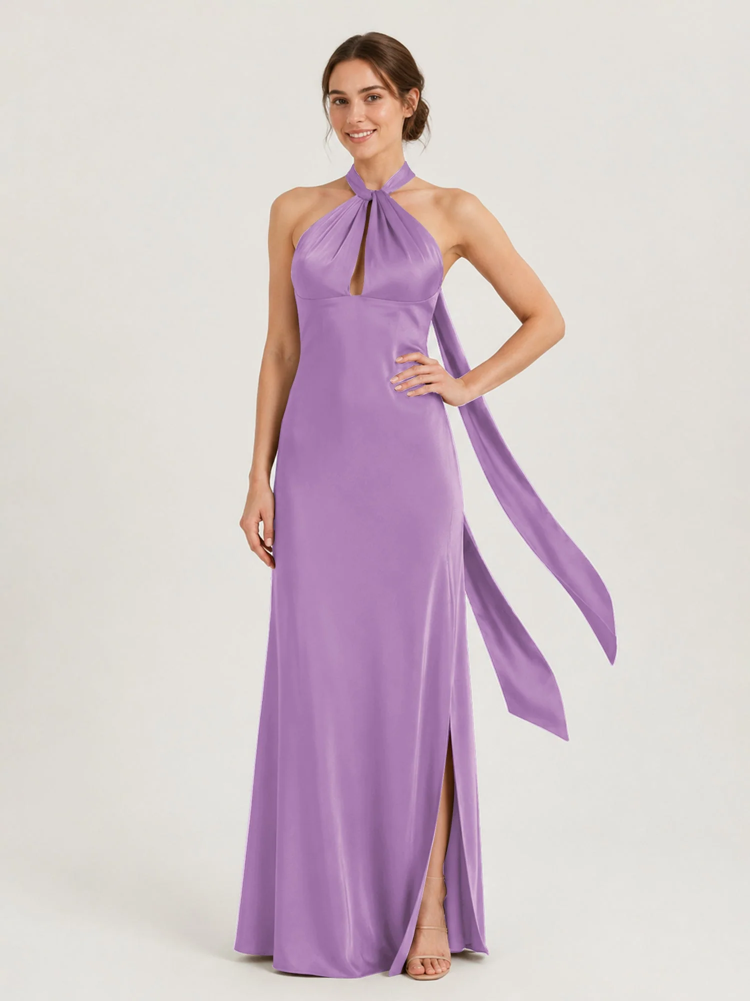 Satin Abendkleid mit Twist Neckholder und Keyhole Detail Lila