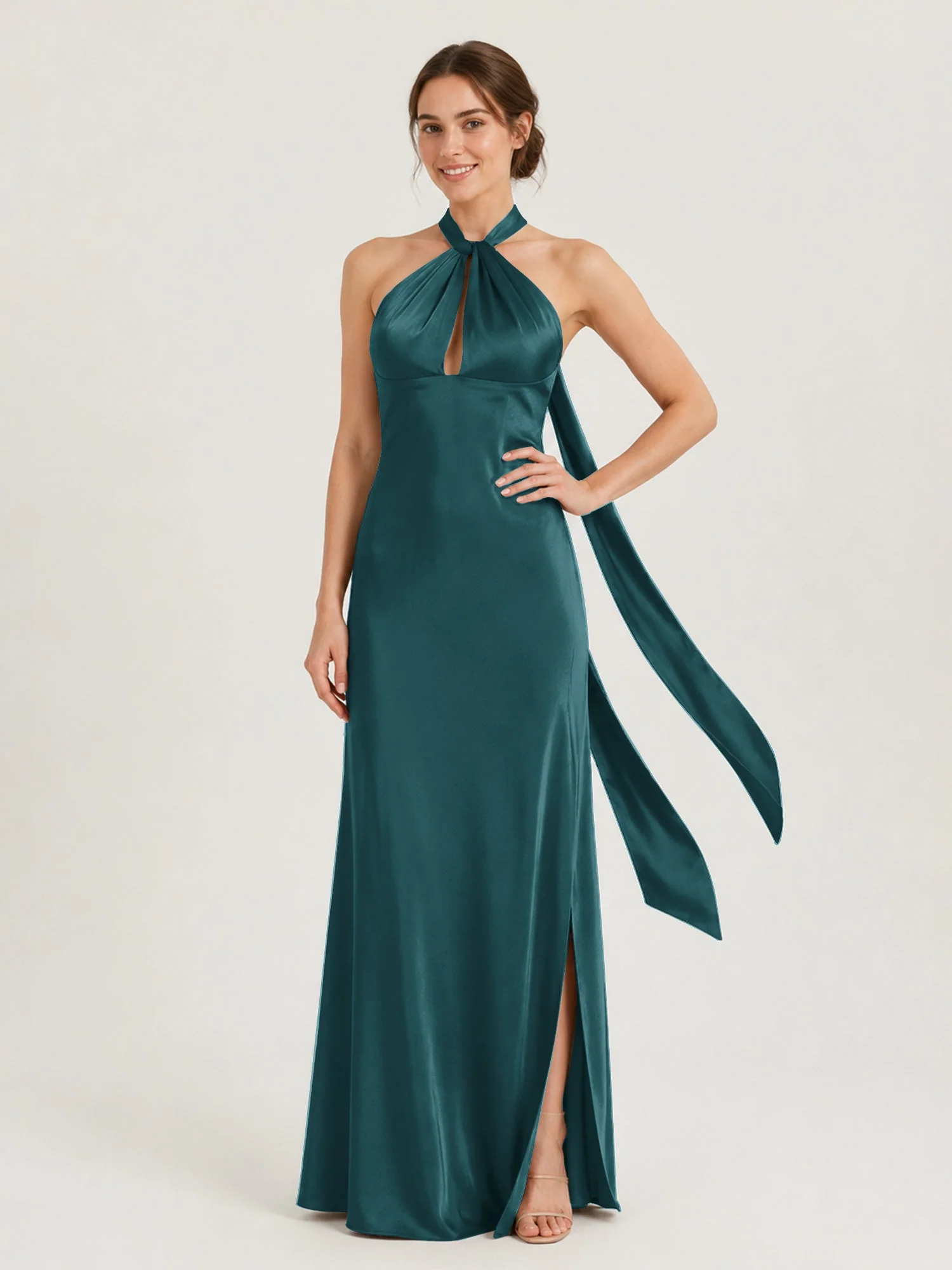 Satin Abendkleid mit Twist Neckholder und Keyhole Detail Pfau