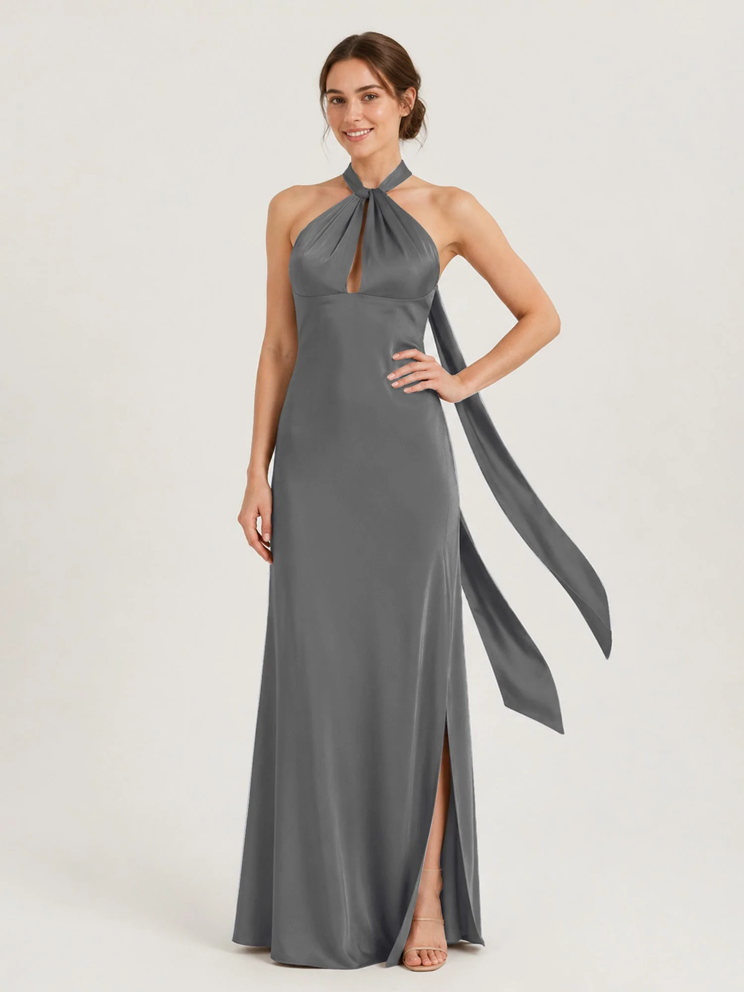 Satin Abendkleid mit Twist Neckholder und Keyhole Detail Stahlgrau