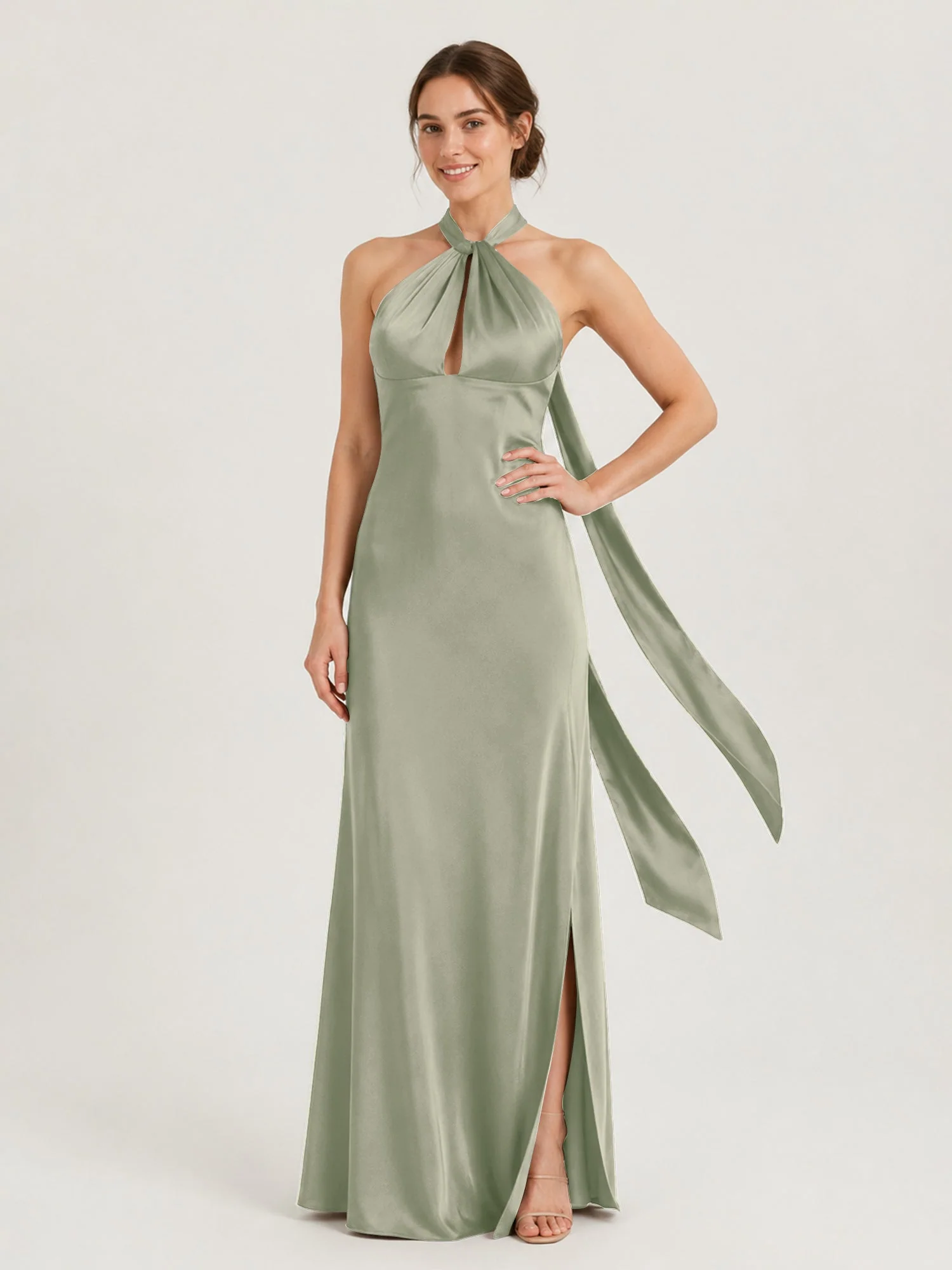 Satin Abendkleid mit Twist Neckholder und Keyhole Detail Staubiges Salbei