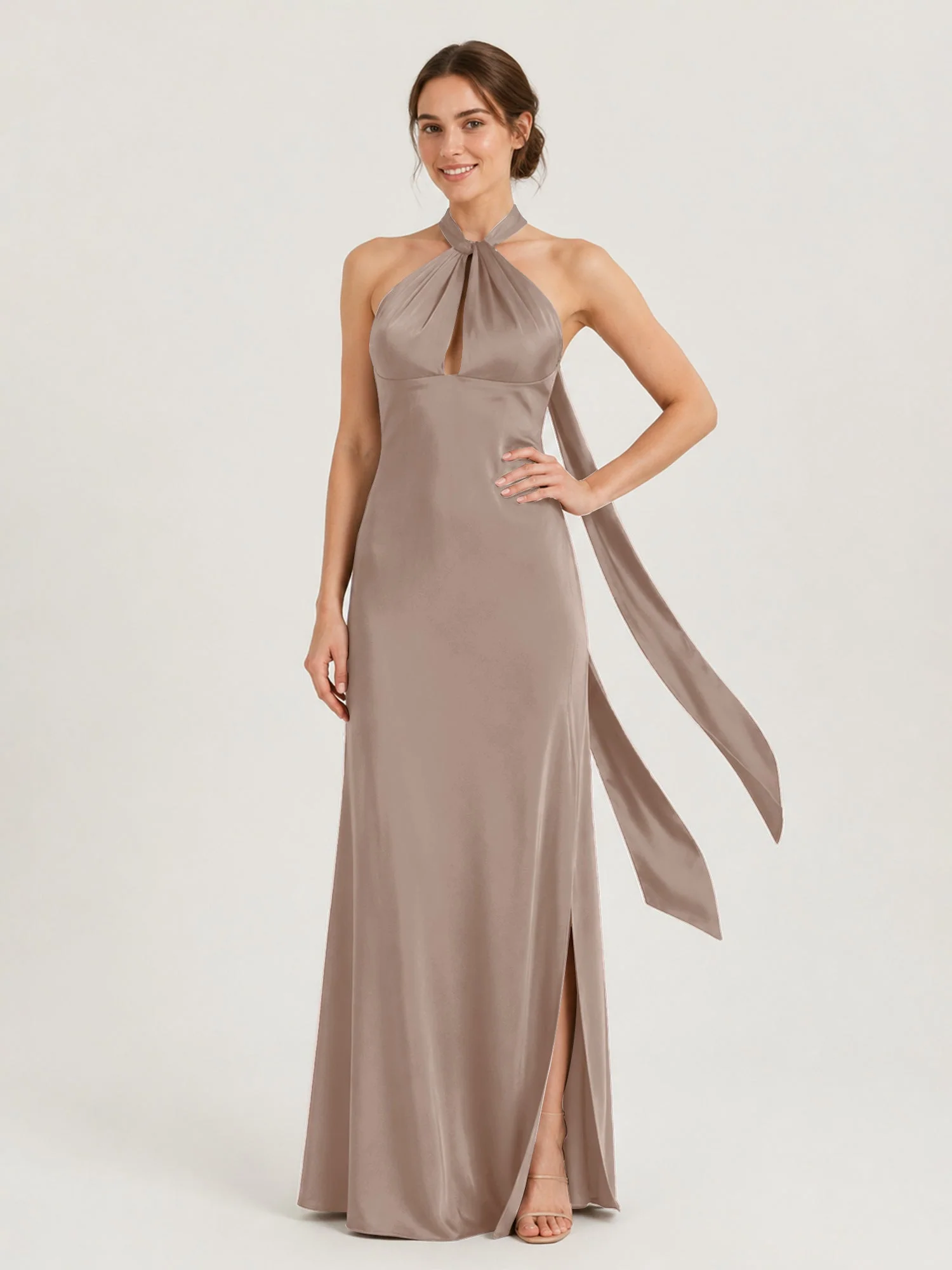Satin Abendkleid mit Twist Neckholder und Keyhole Detail Taupe