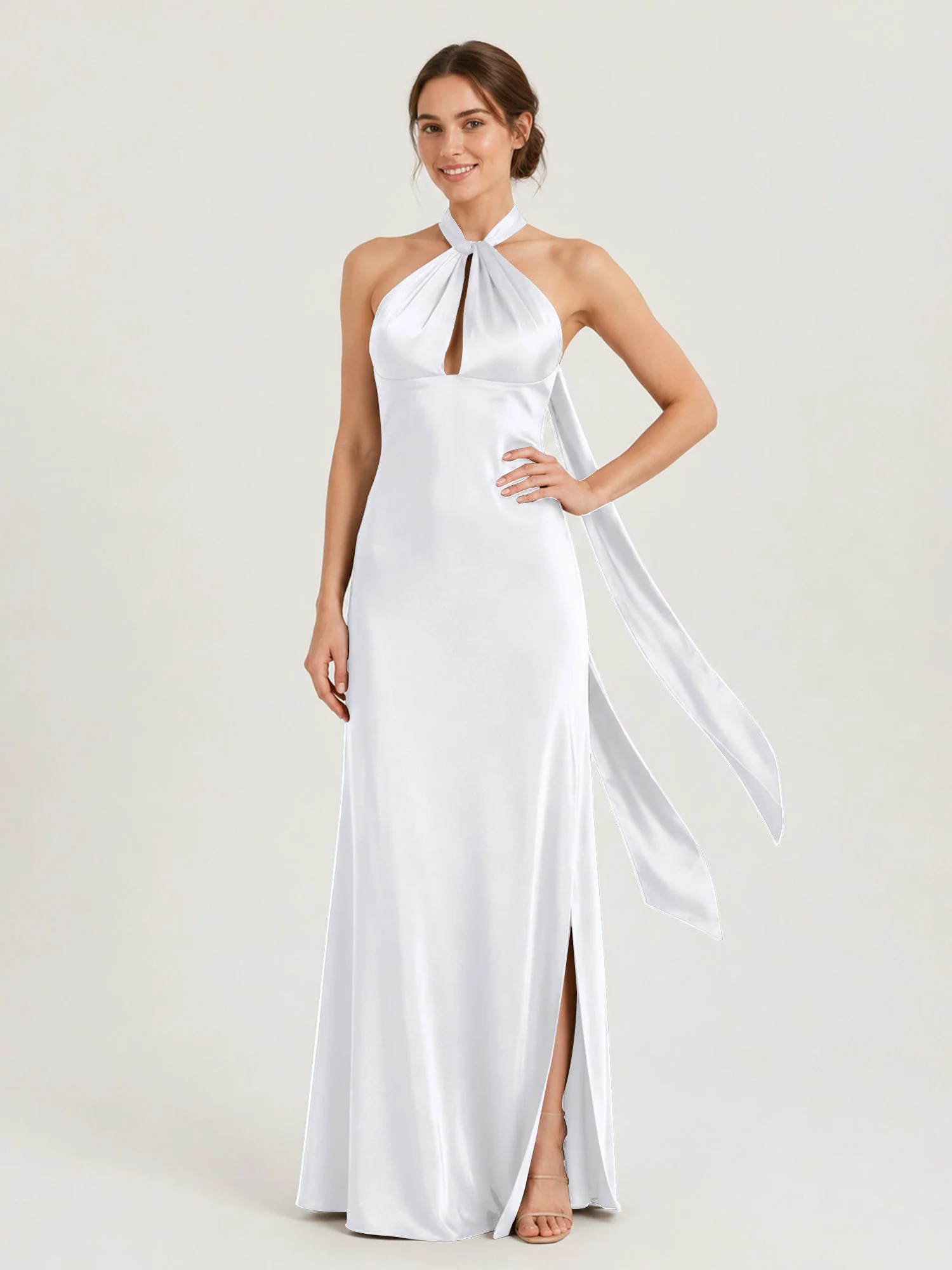 Satin Abendkleid mit Twist Neckholder und Keyhole Detail Weiß
