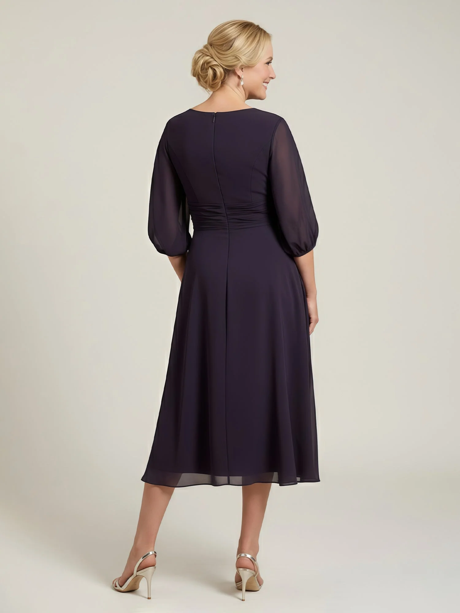 Plissee Scoop Ausschnitt 3/4 Ärmel Chiffon A-Linie Kleid Papaya - Image 2