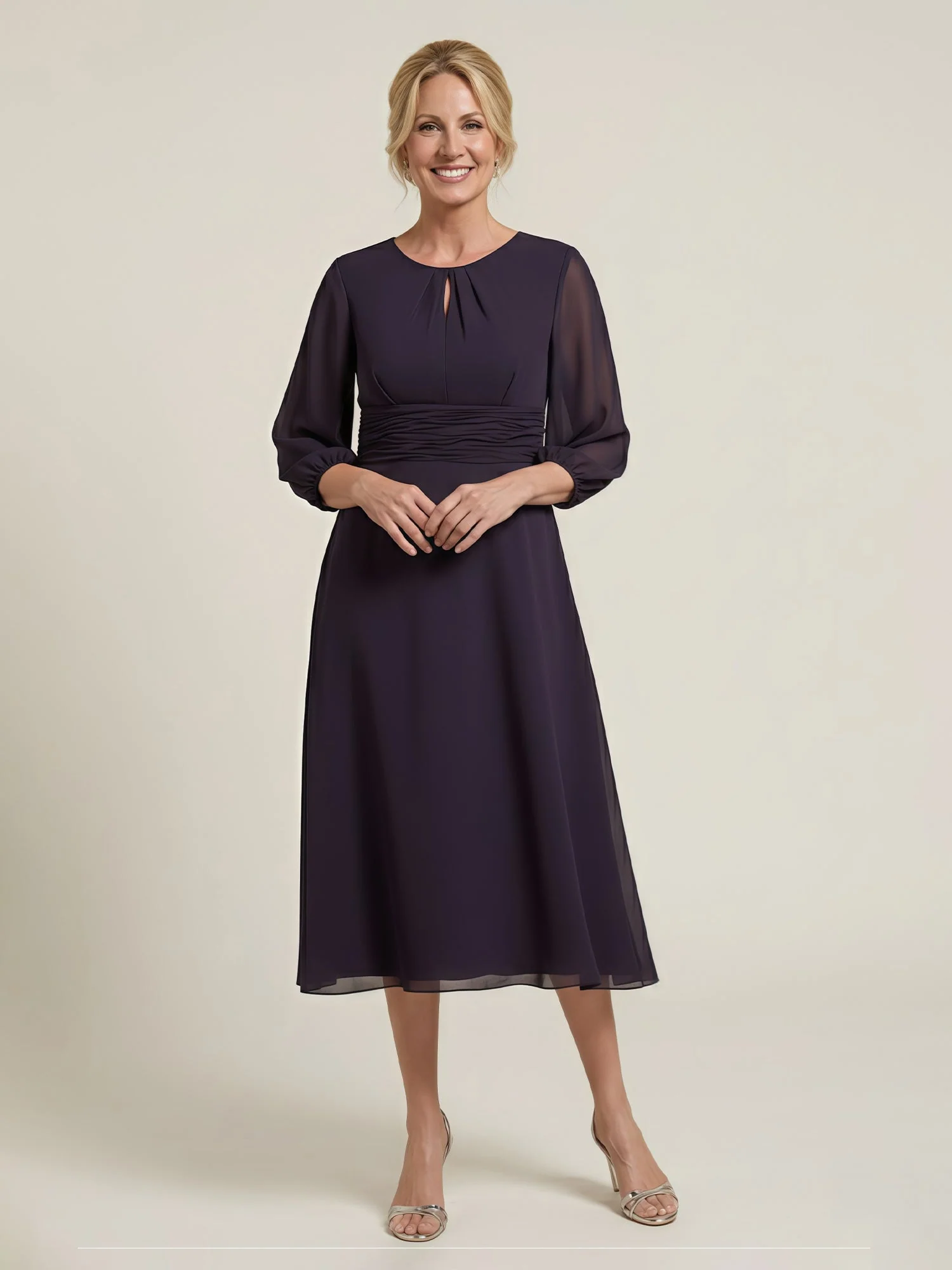Plissee Scoop Ausschnitt 3/4 Ärmel Chiffon A-Linie Kleid Plum