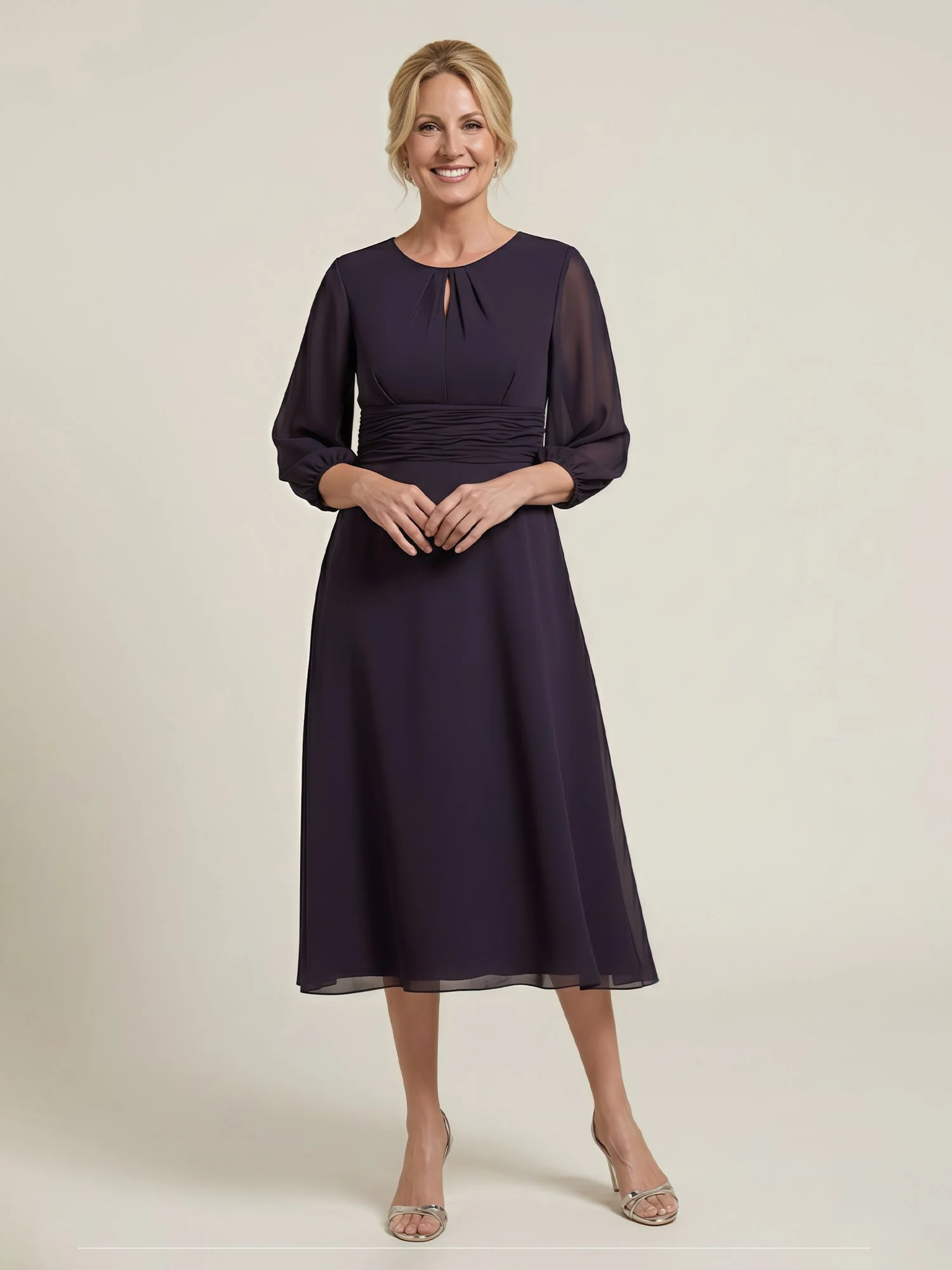 Plissee Scoop Ausschnitt 3/4 Ärmel Chiffon A-Linie Kleid Schokolade