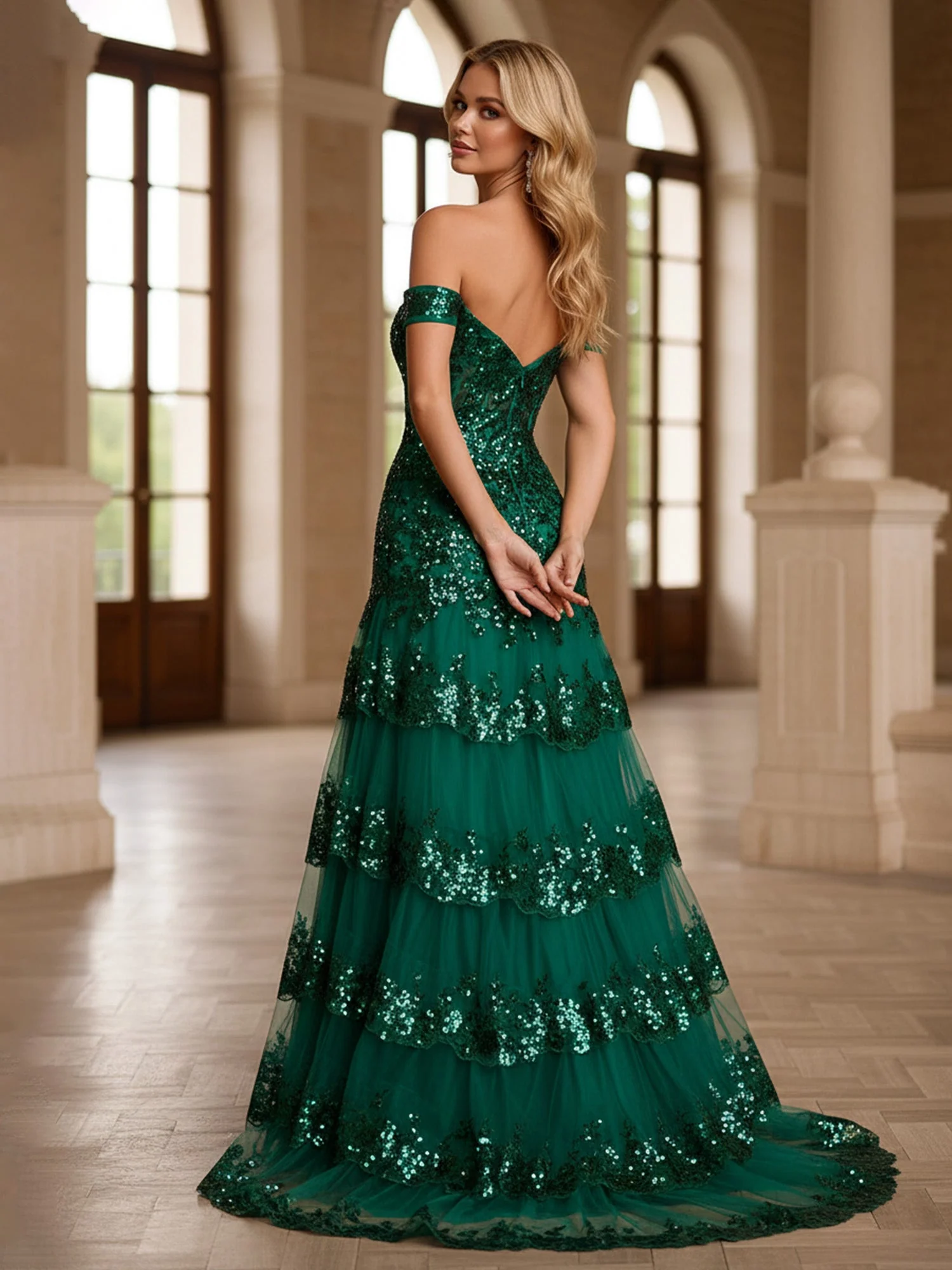 Schulterfrei Pailletten Spitze Oberteil Stufen Tüll Kleid Dunkelgrün - Image 4