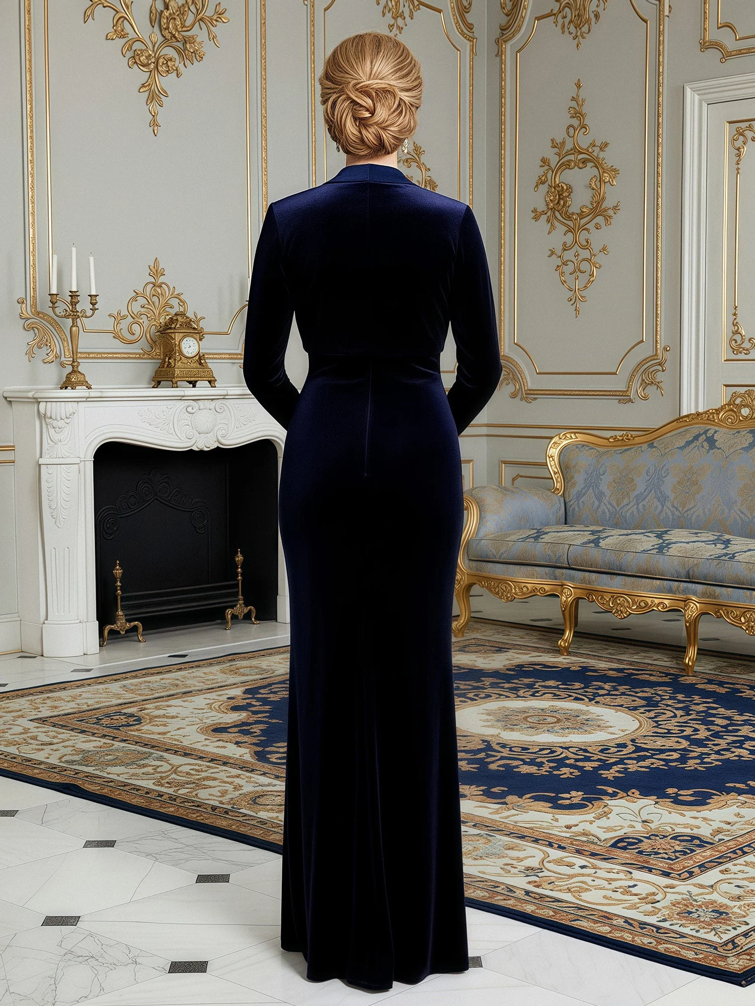 Samt Etui Kleid mit passendem Schal Kragen Bolero Marineblau - Image 2