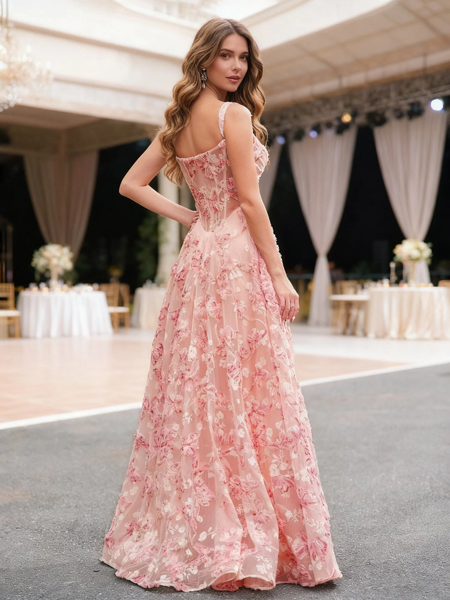 A-Linie Ärmellos Schier Korsett Blumen Lang Kleid Koralle - Image 2