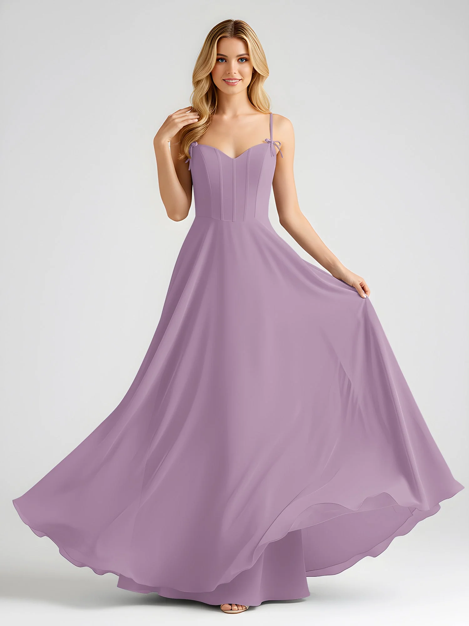 Spaghettiträger A-Linie Maxi Kleid mit Schleife Detail Blauregen - Image 3