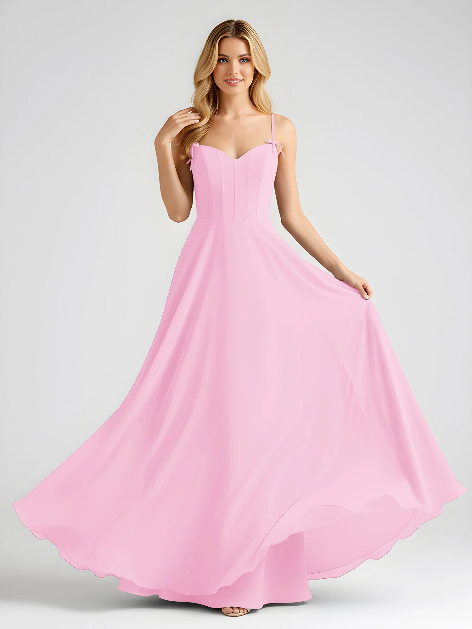 Spaghettiträger A-Linie Maxi Kleid mit Schleife Detail Bonbonrosa - Image 3