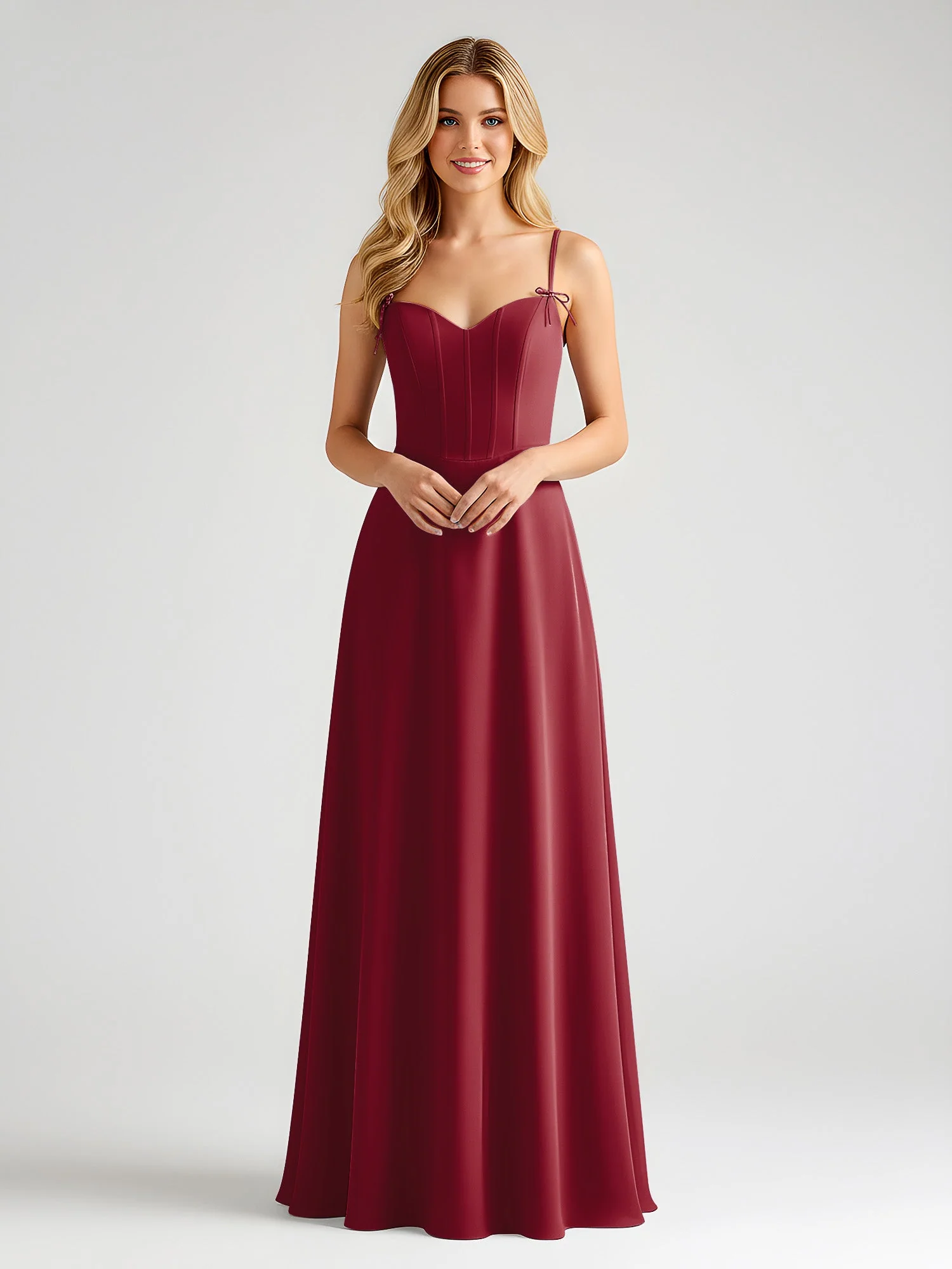 Spaghettiträger A-Linie Maxi Kleid mit Schleife Detail Burgunderrot