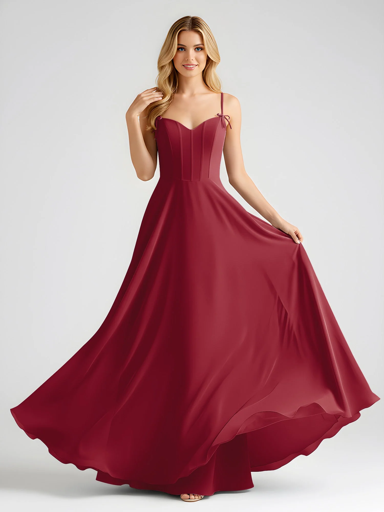 Spaghettiträger A-Linie Maxi Kleid mit Schleife Detail Burgunderrot - Image 3