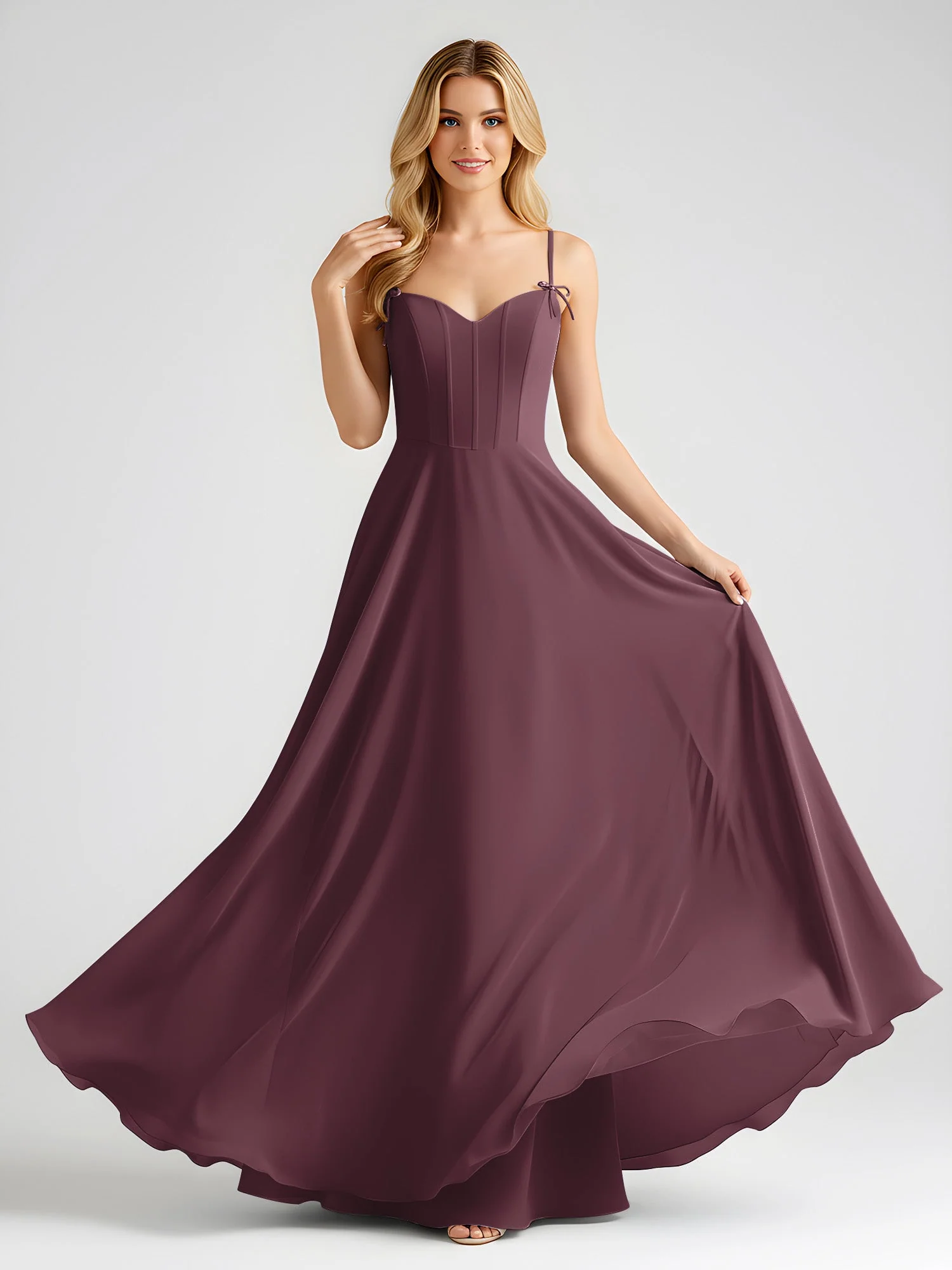 Spaghettiträger A-Linie Maxi Kleid mit Schleife Detail Cabernet - Image 3