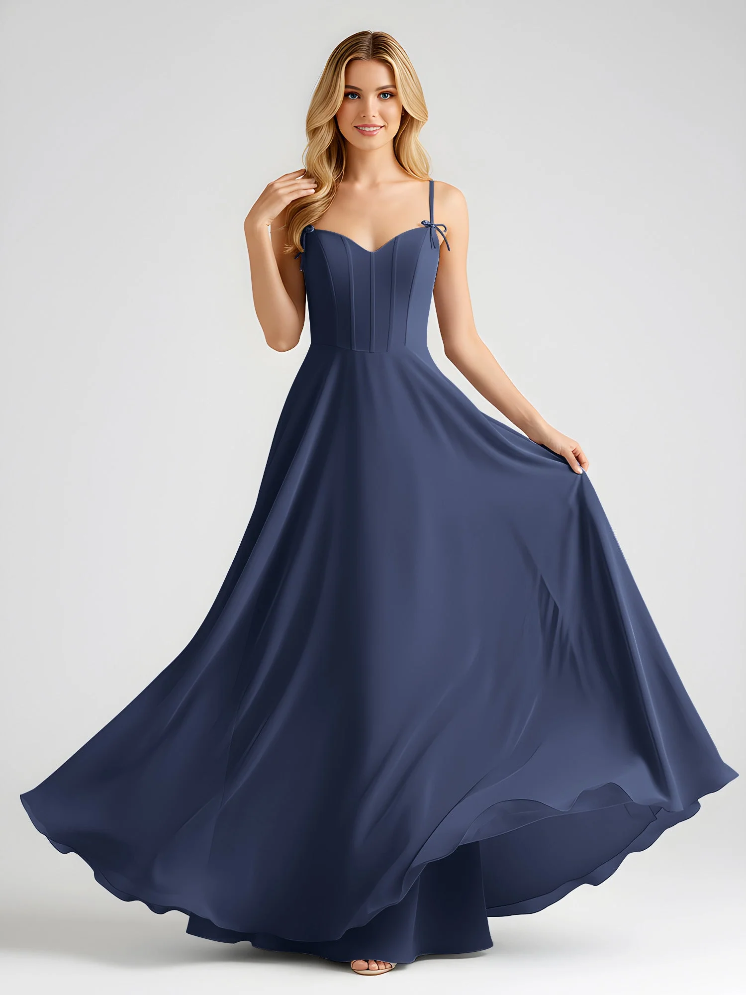 Spaghettiträger A-Linie Maxi Kleid mit Schleife Detail Dunkelmarine - Image 3