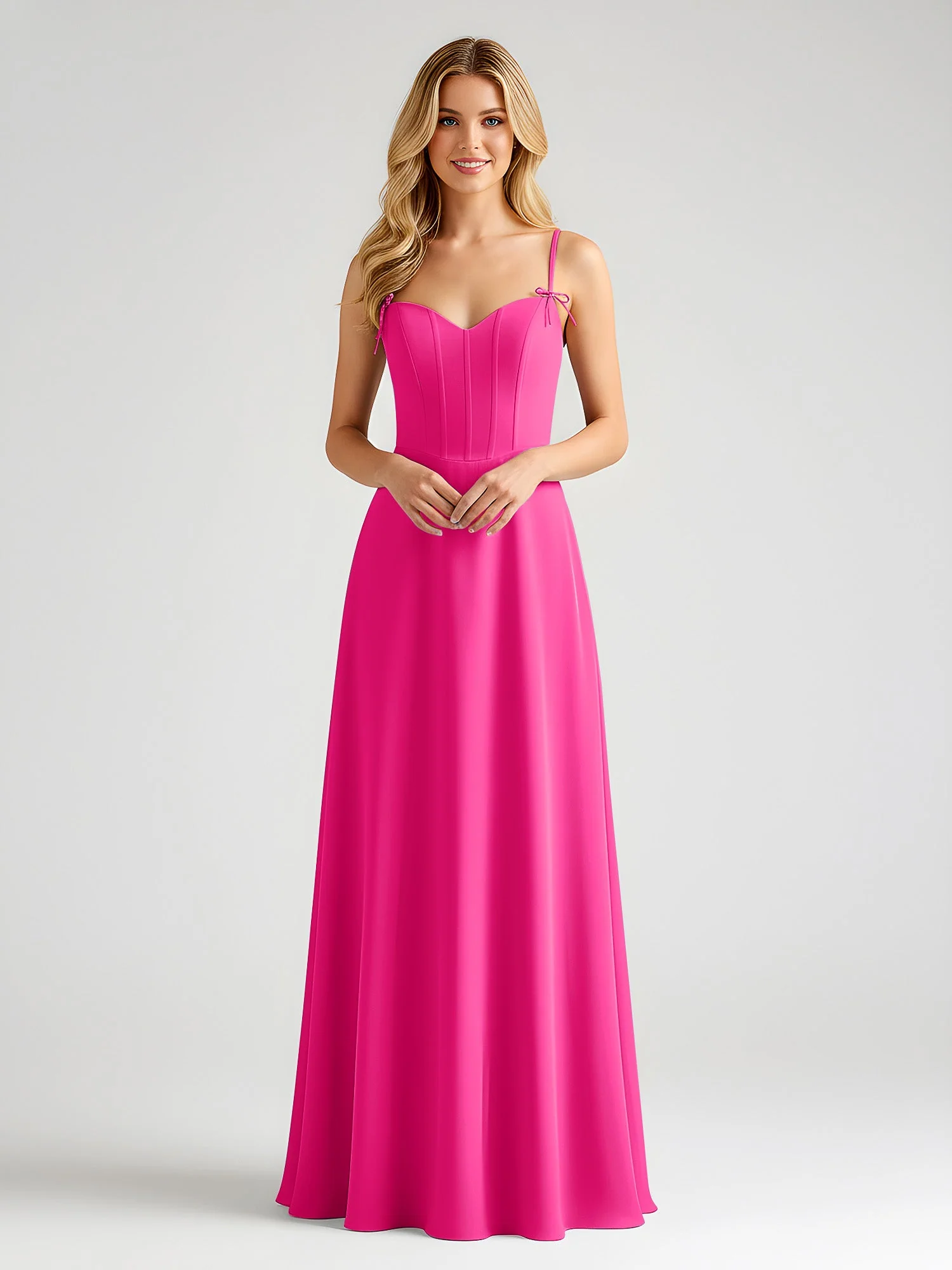 Spaghettiträger A-Linie Maxi Kleid mit Schleife Detail Fuchsia