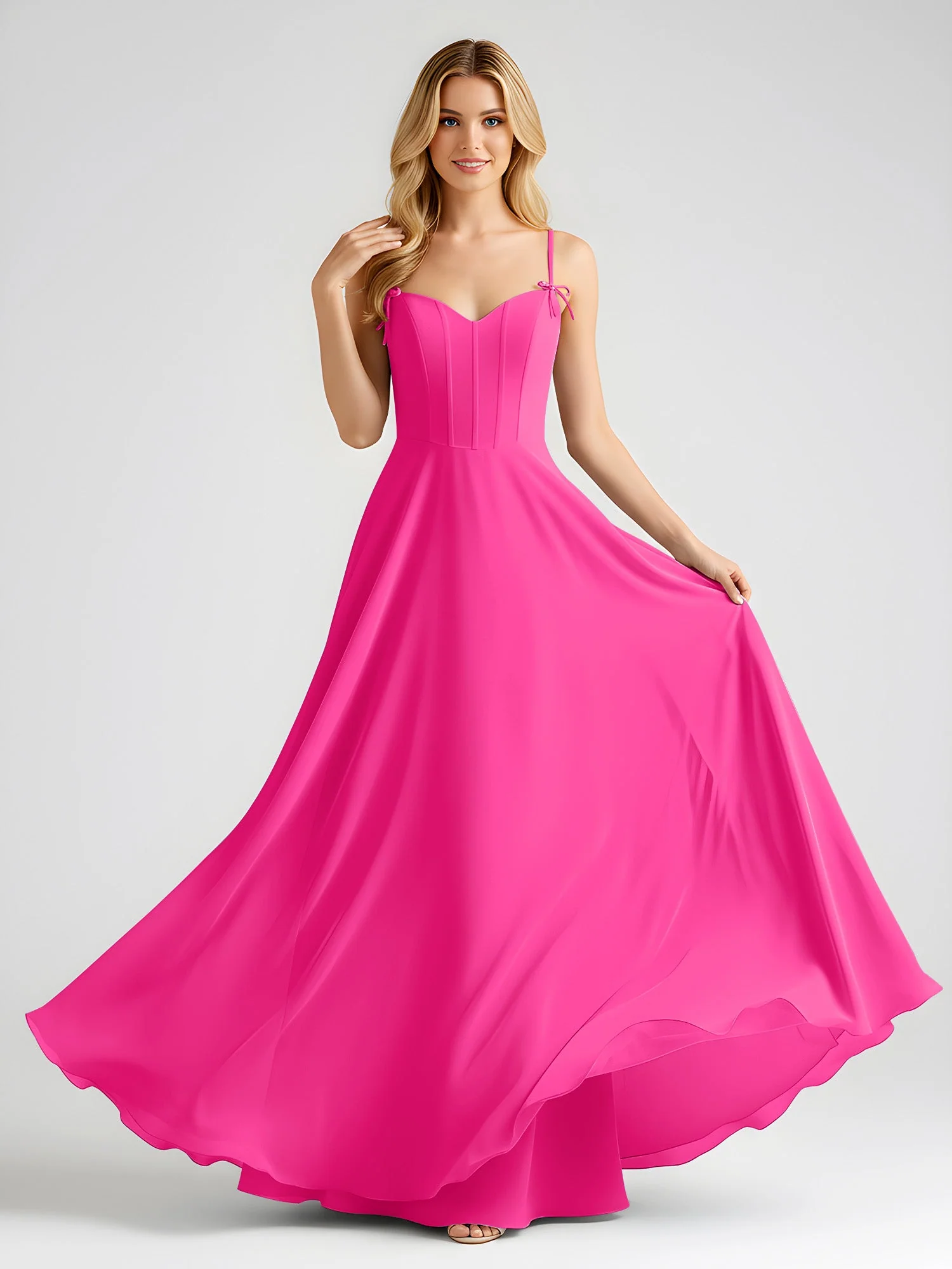 Spaghettiträger A-Linie Maxi Kleid mit Schleife Detail Fuchsia - Image 3