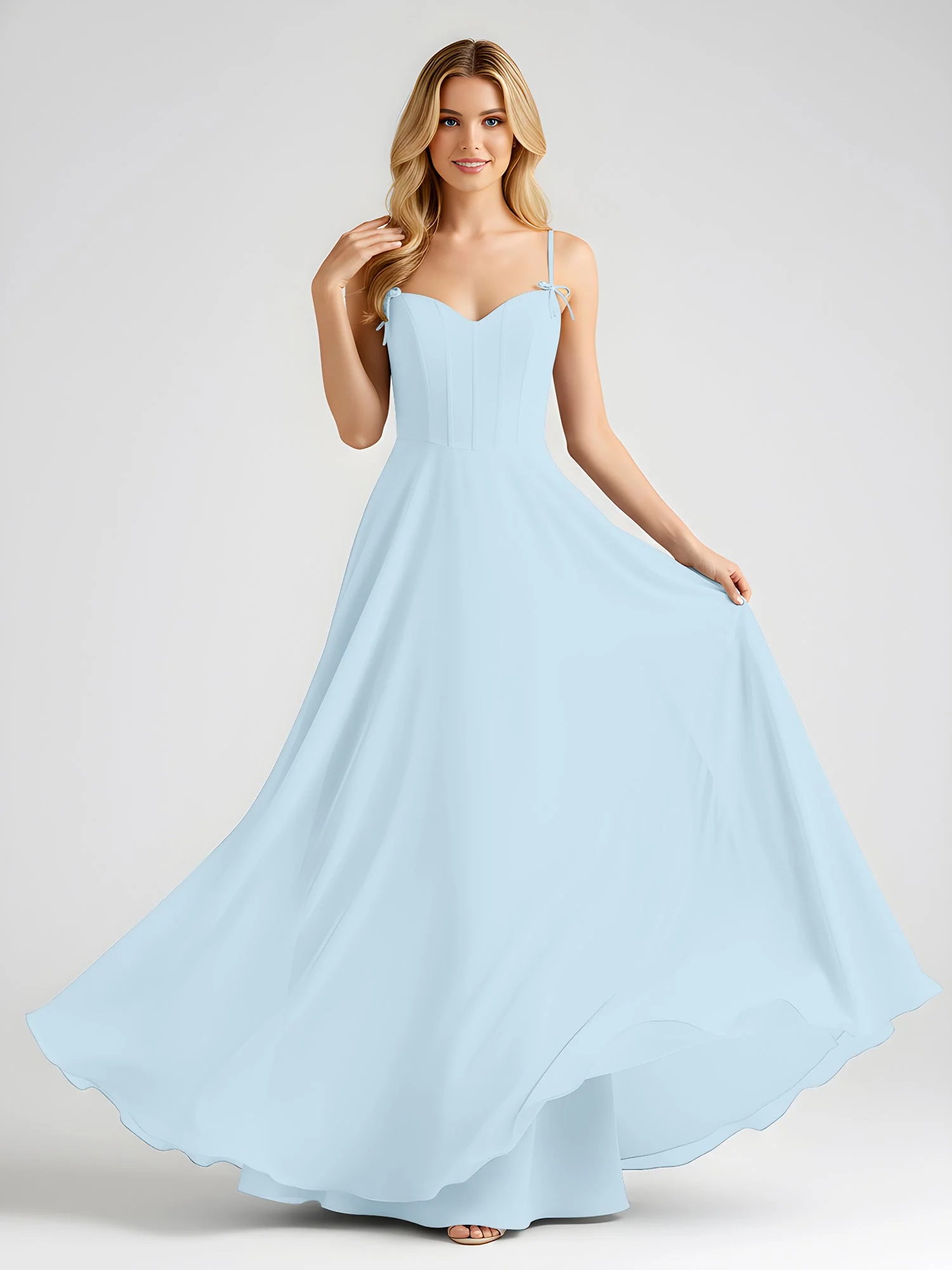 Spaghettiträger A-Linie Maxi Kleid mit Schleife Detail Himmelblau - Image 3