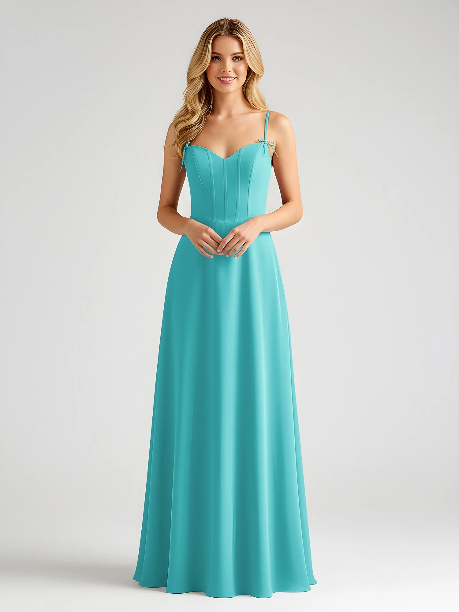 Spaghettiträger A-Linie Maxi Kleid mit Schleife Detail Jade
