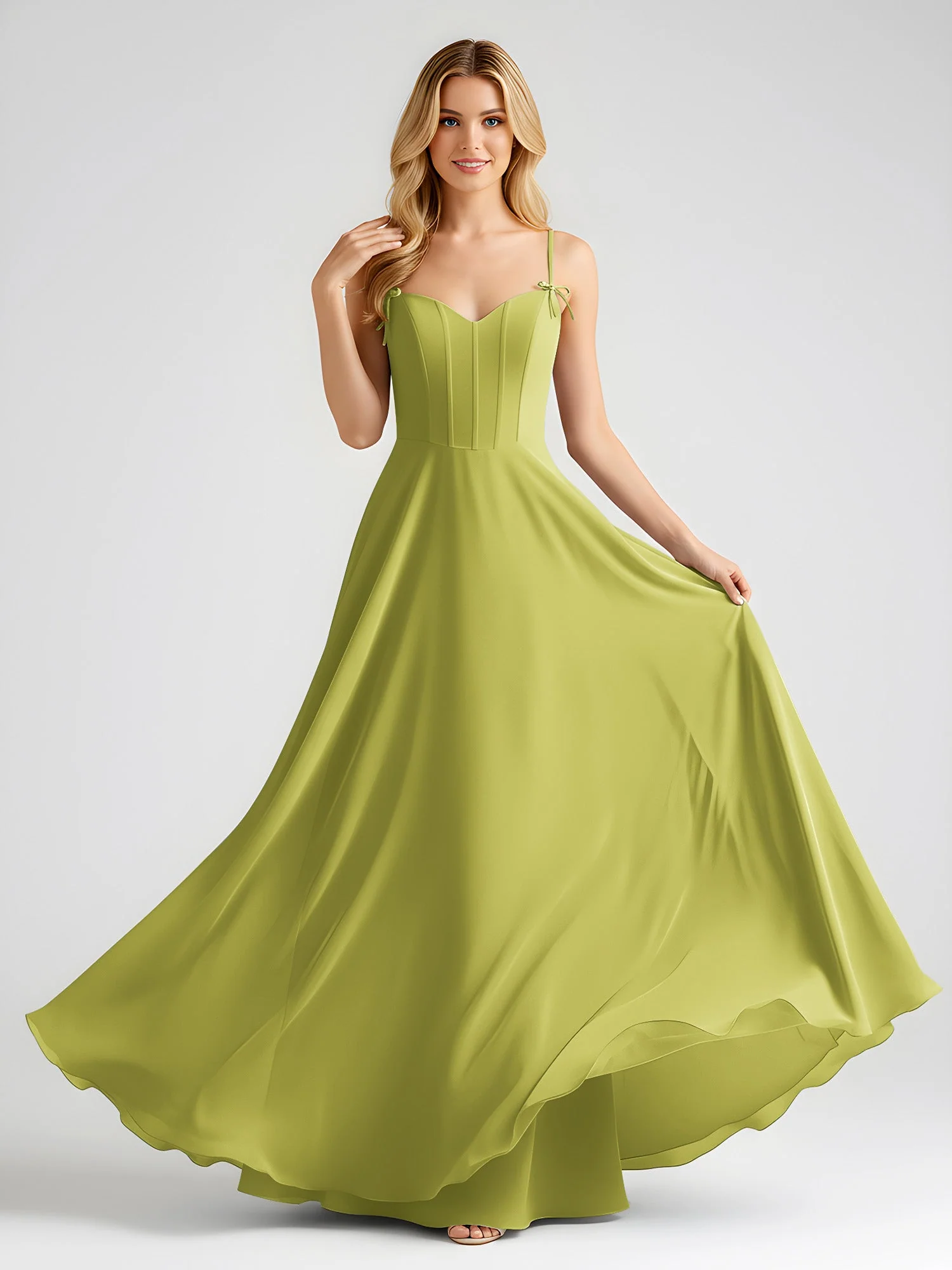Spaghettiträger A-Linie Maxi Kleid mit Schleife Detail Kleegrün - Image 3