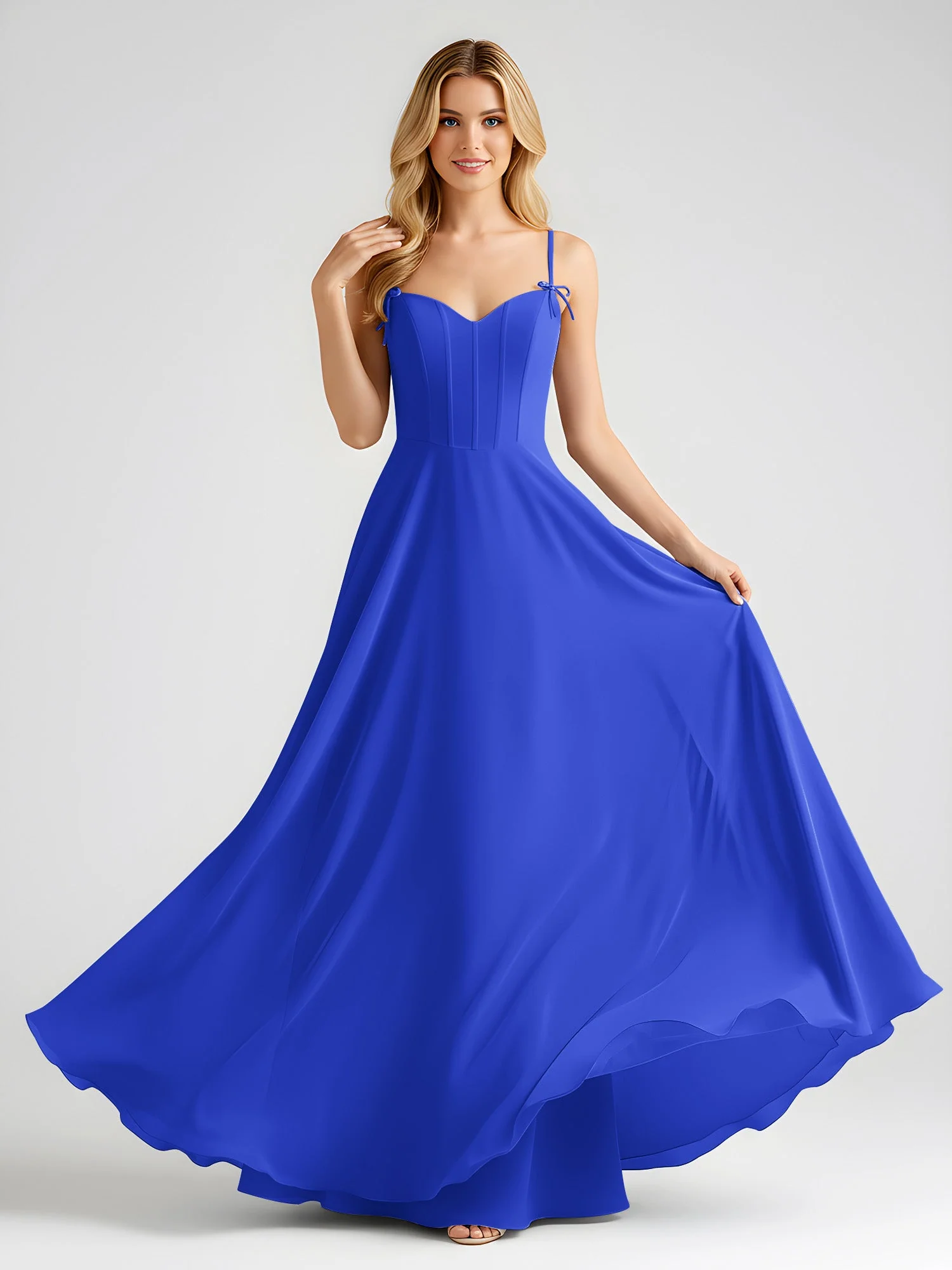 Spaghettiträger A-Linie Maxi Kleid mit Schleife Detail Königsblau - Image 3