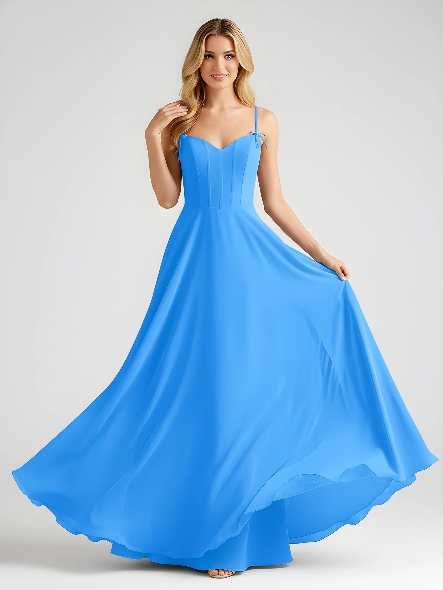 Spaghettiträger A-Linie Maxi Kleid mit Schleife Detail Meerblau - Image 3