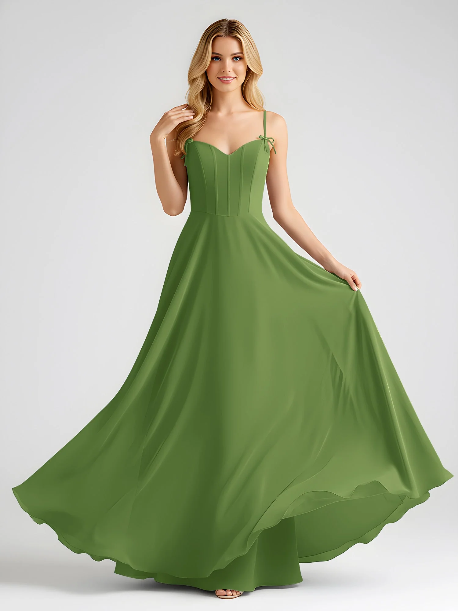 Spaghettiträger A-Linie Maxi Kleid mit Schleife Detail Moos - Image 3