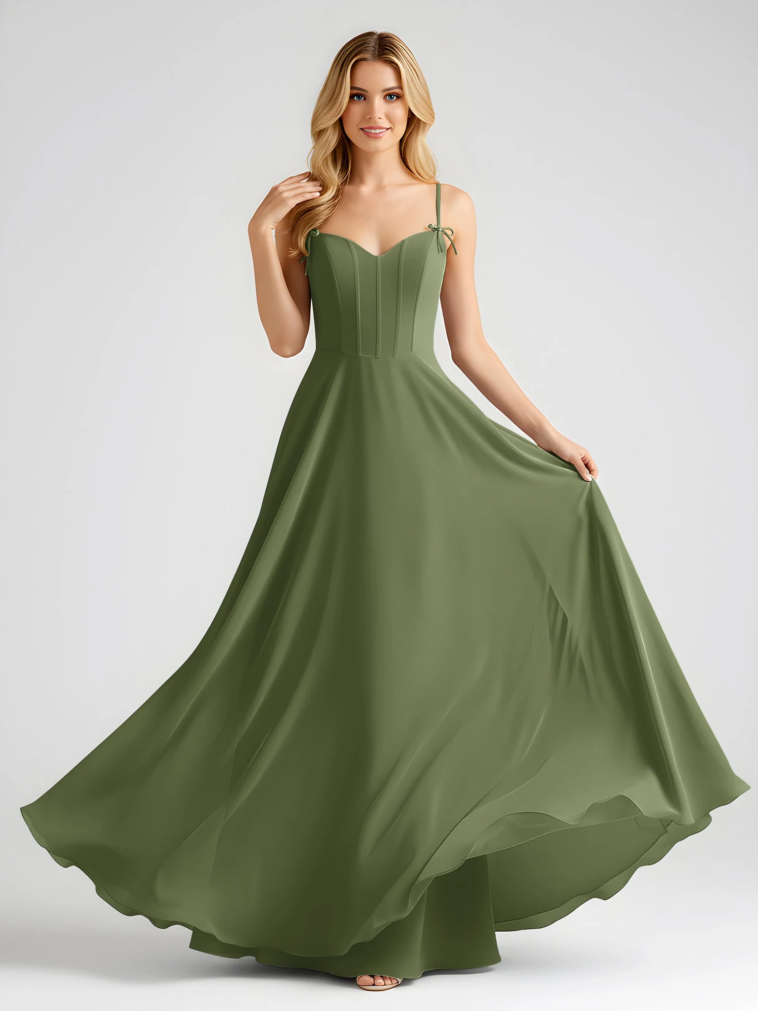 Spaghettiträger A-Linie Maxi Kleid mit Schleife Detail Olivgrün - Image 3