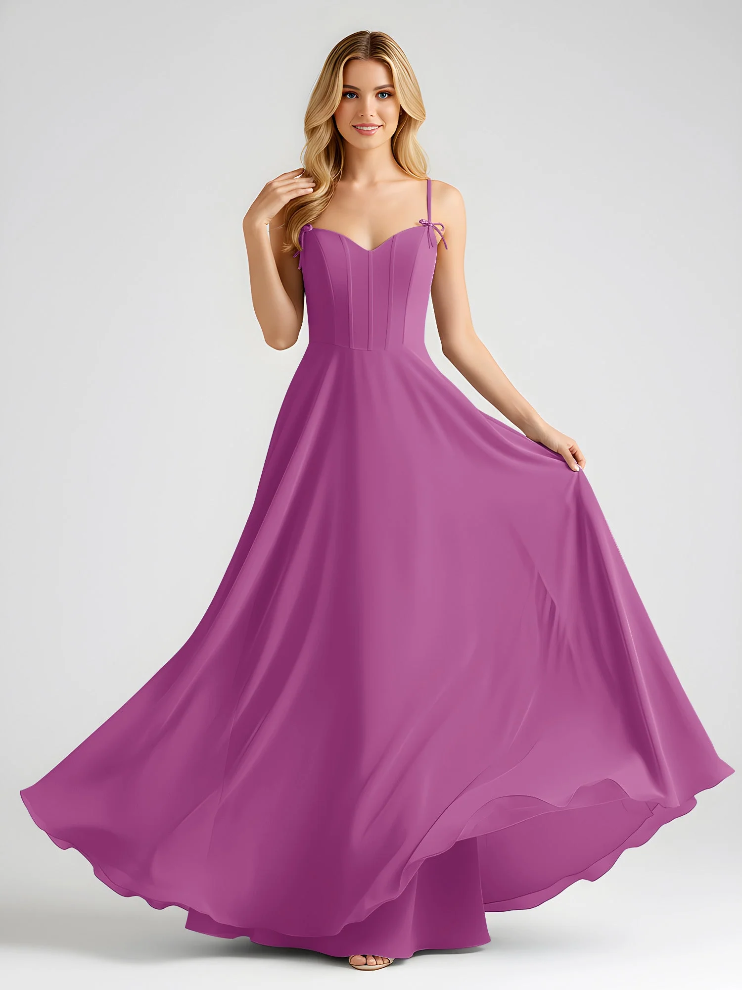 Spaghettiträger A-Linie Maxi Kleid mit Schleife Detail Orchidee - Image 3
