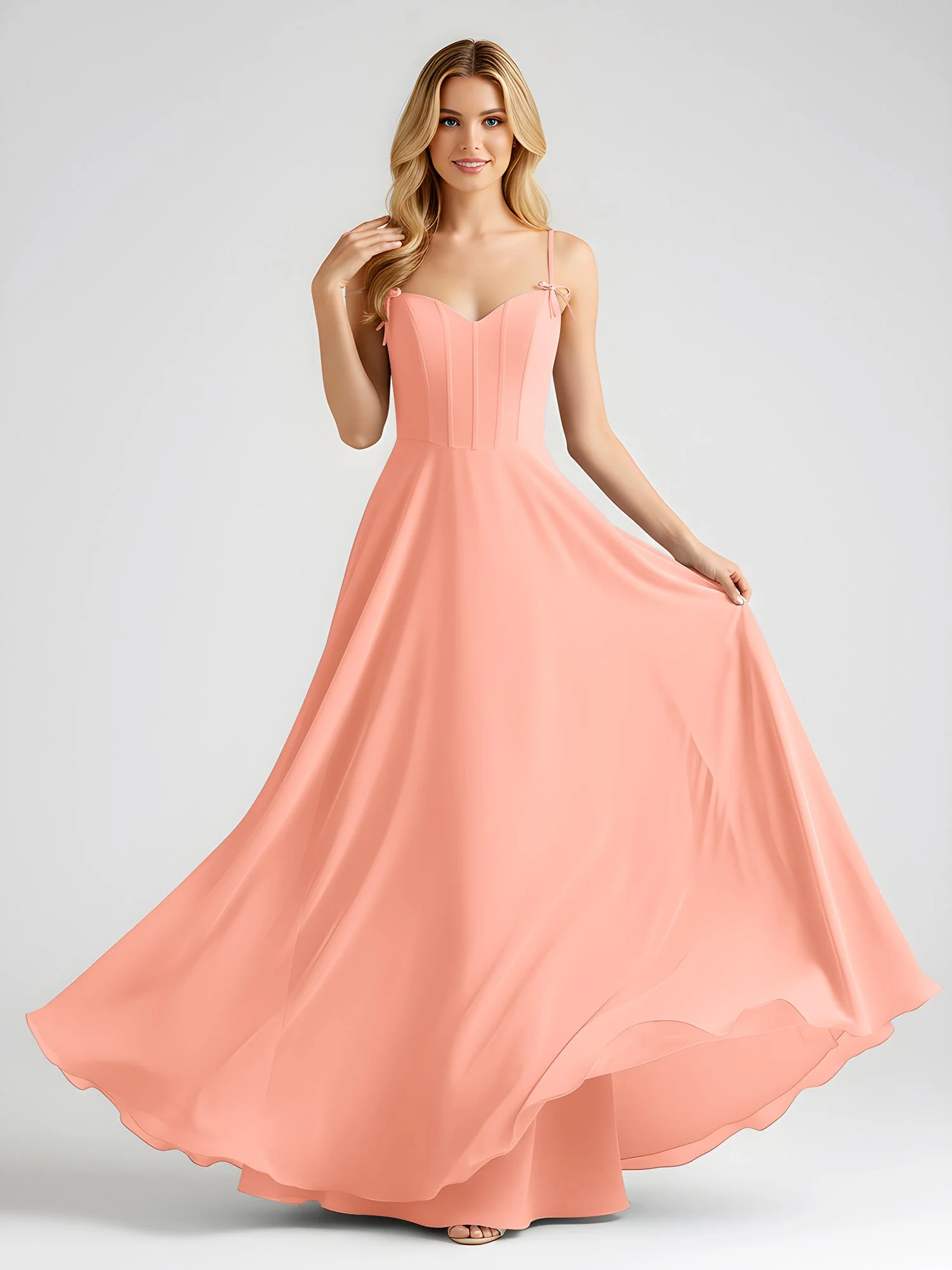 Spaghettiträger A-Linie Maxi Kleid mit Schleife Detail Papaya - Image 3
