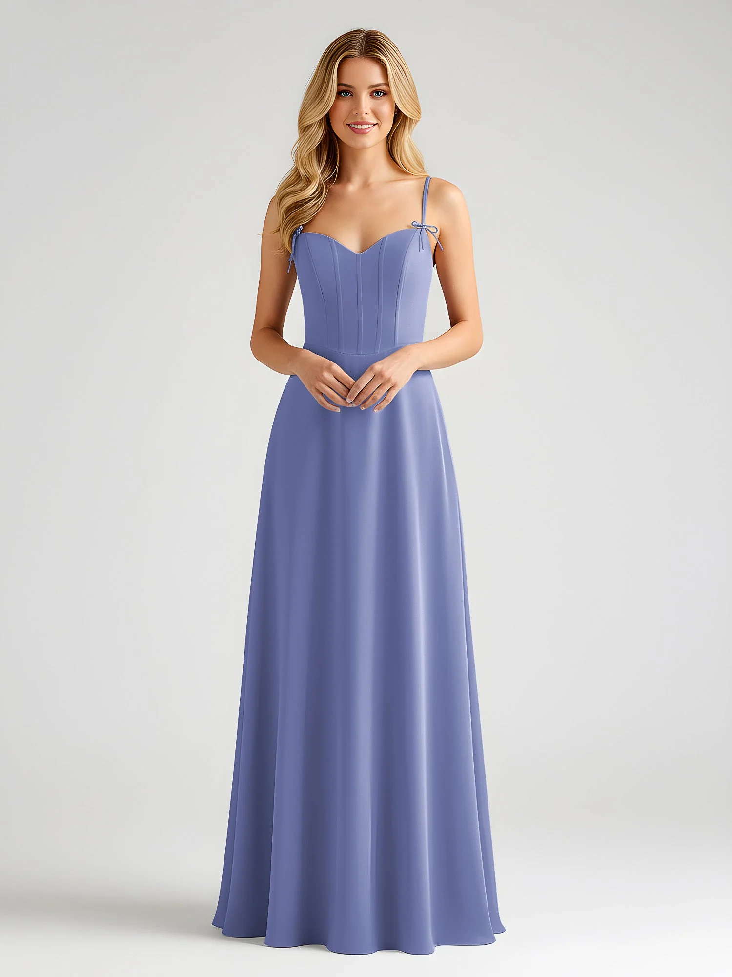 Spaghettiträger A-Linie Maxi Kleid mit Schleife Detail Periwinkleblau
