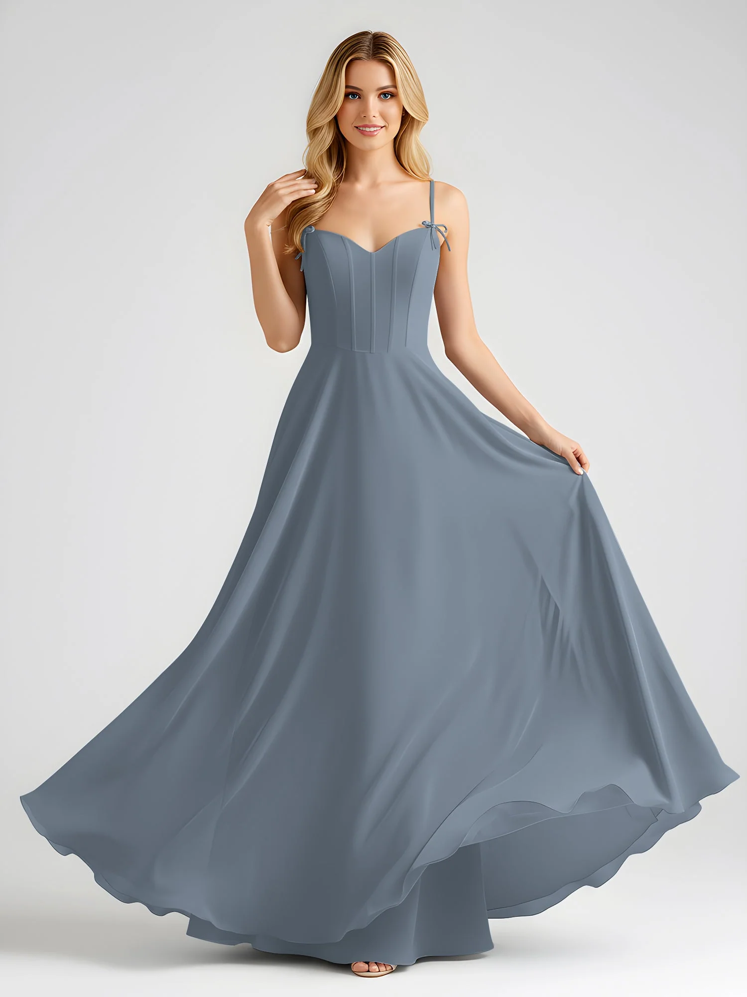 Spaghettiträger A-Linie Maxi Kleid mit Schleife Detail Schiefer Blau - Image 3