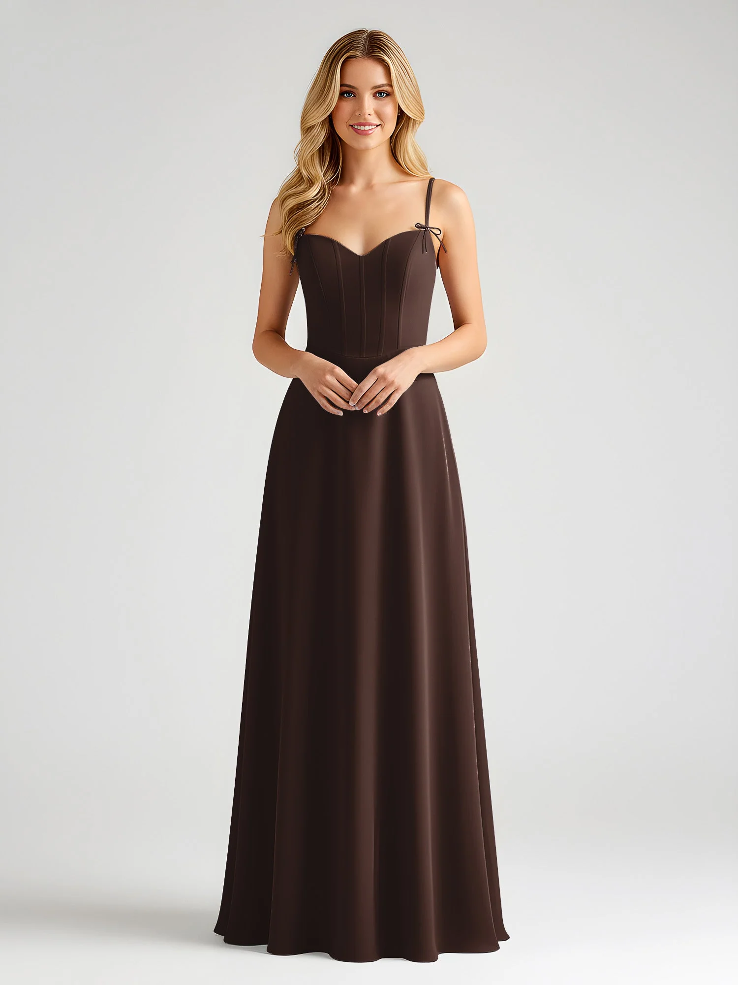 Spaghettiträger A-Linie Maxi Kleid mit Schleife Detail Schokolade