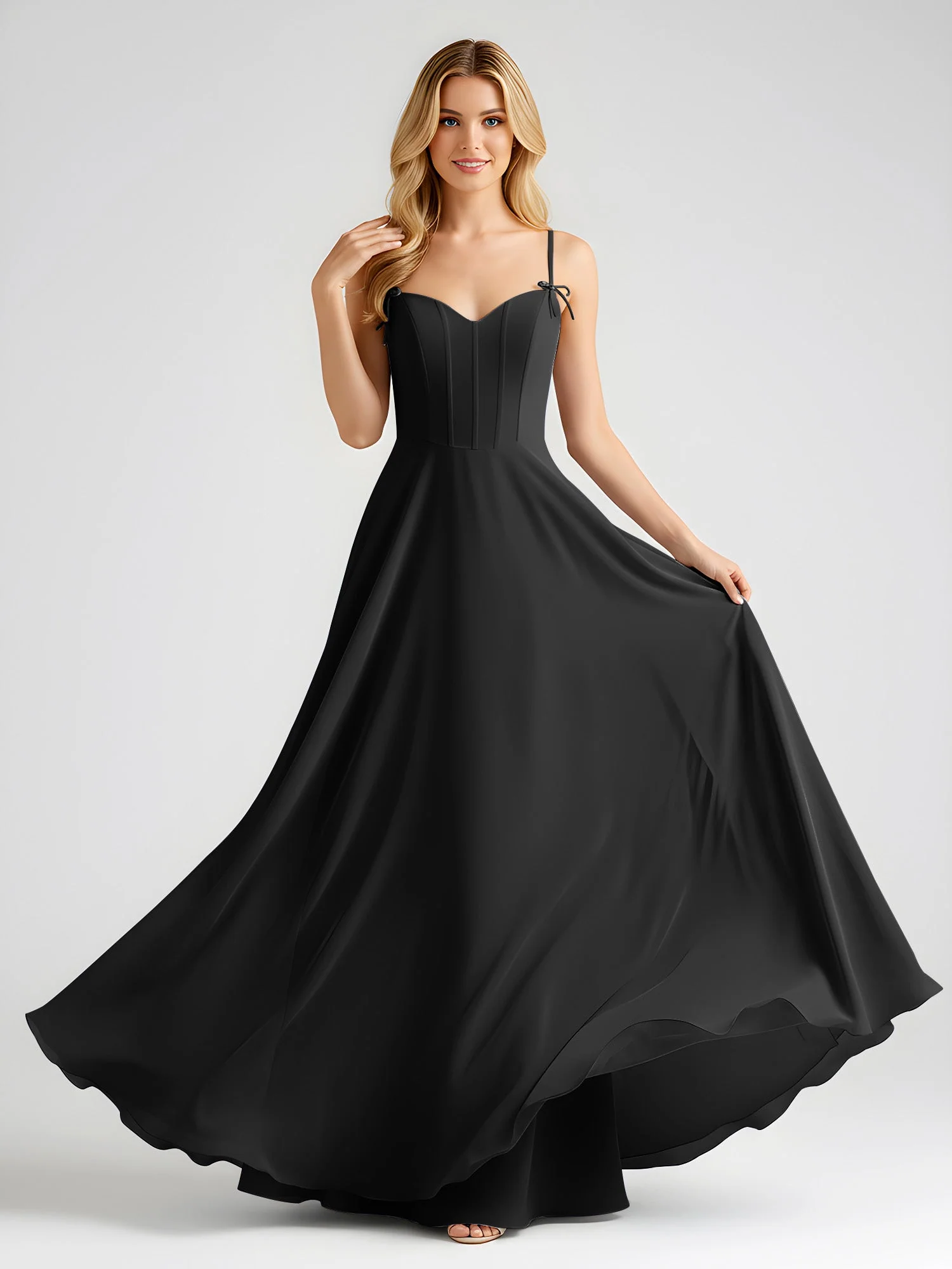 Spaghettiträger A-Linie Maxi Kleid mit Schleife Detail Schwarz - Image 3