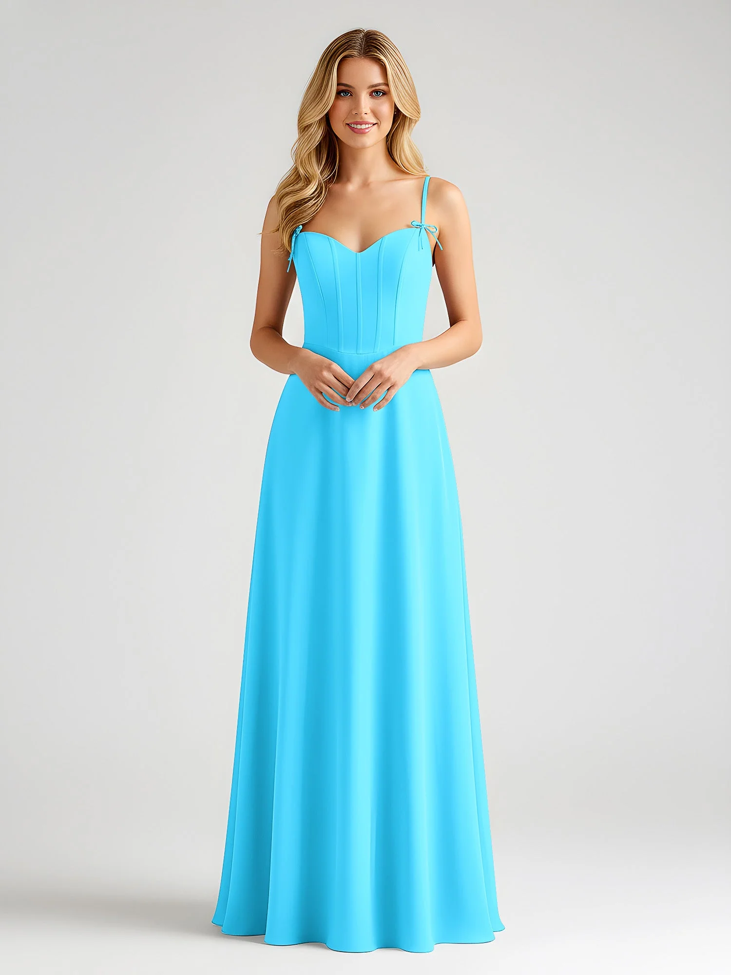 Spaghettiträger A-Linie Maxi Kleid mit Schleife Detail Schwimmbadblau