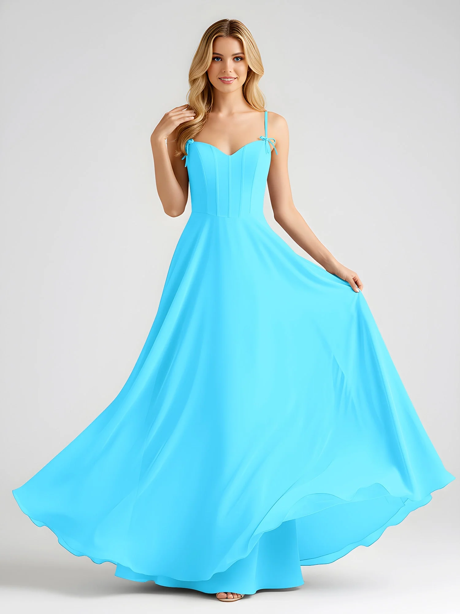 Spaghettiträger A-Linie Maxi Kleid mit Schleife Detail Schwimmbadblau - Image 3