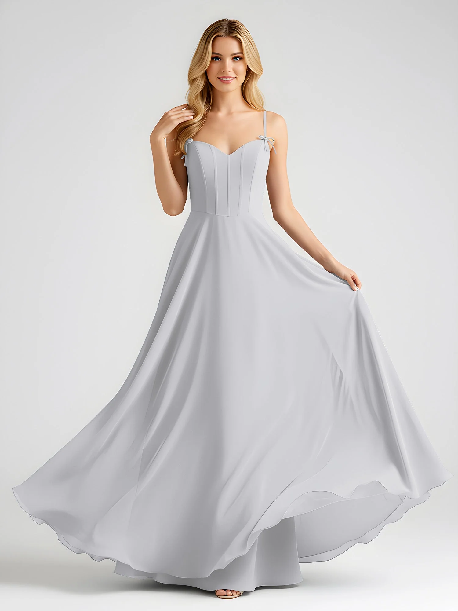 Spaghettiträger A-Linie Maxi Kleid mit Schleife Detail Silber - Image 3