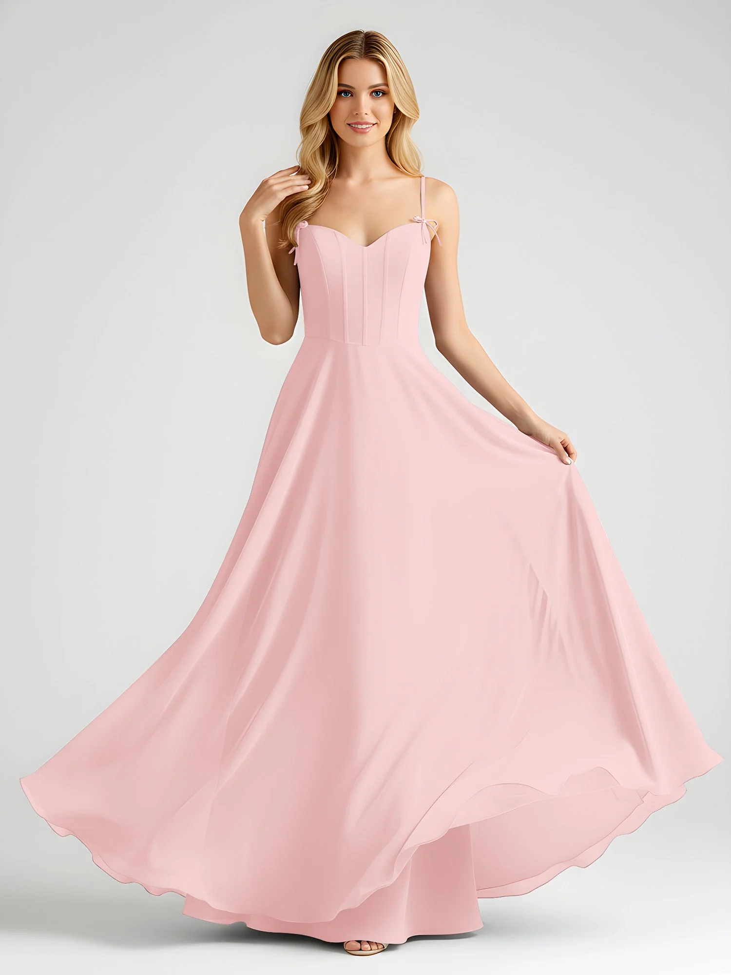 Spaghettiträger A-Linie Maxi Kleid mit Schleife Detail Staubige Rosa - Image 3