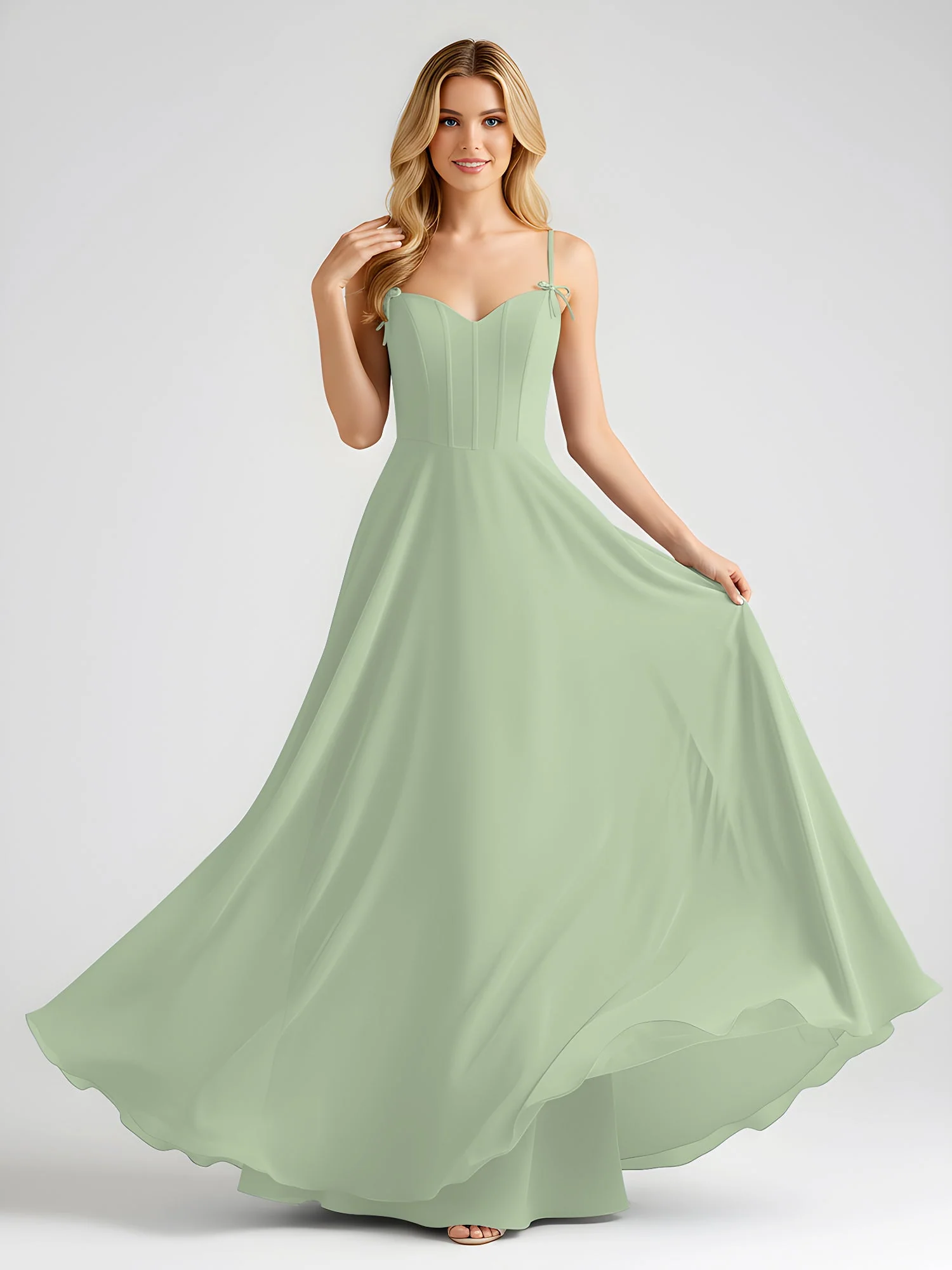 Spaghettiträger A-Linie Maxi Kleid mit Schleife Detail Staubiges Salbei - Image 3