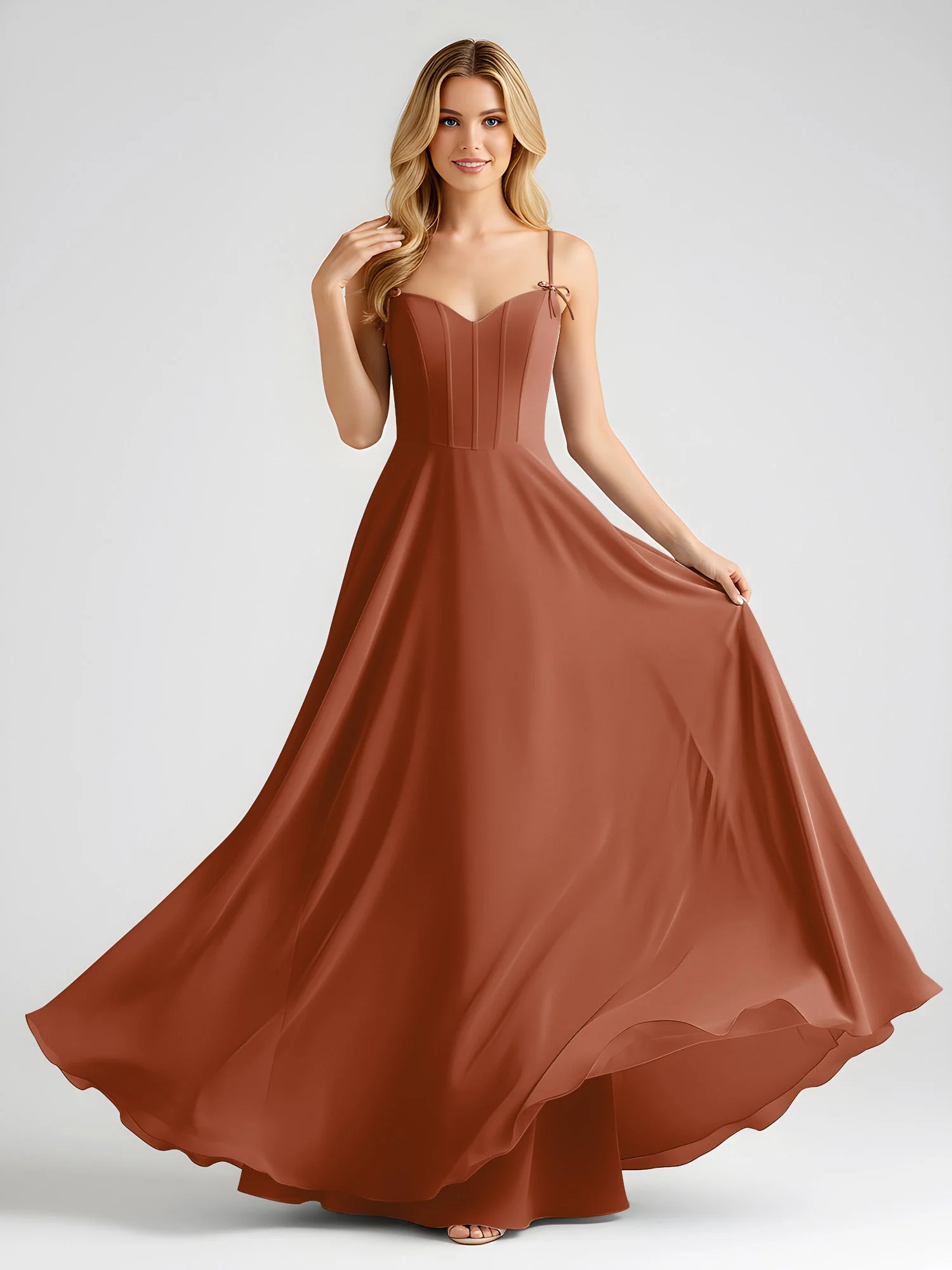 Spaghettiträger A-Linie Maxi Kleid mit Schleife Detail Terrakotta - Image 3