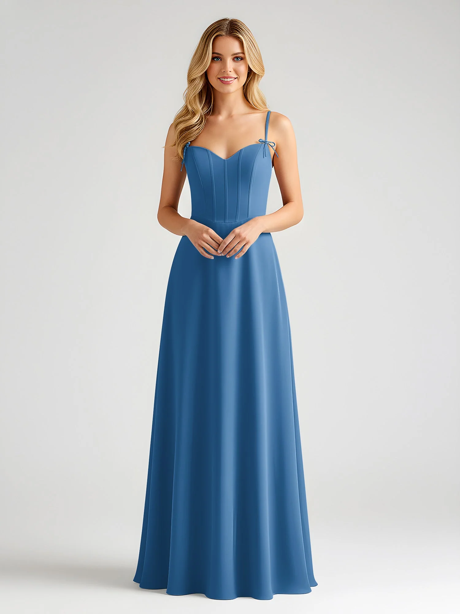 Spaghettiträger A-Linie Maxi Kleid mit Schleife Detail Tinte Blau