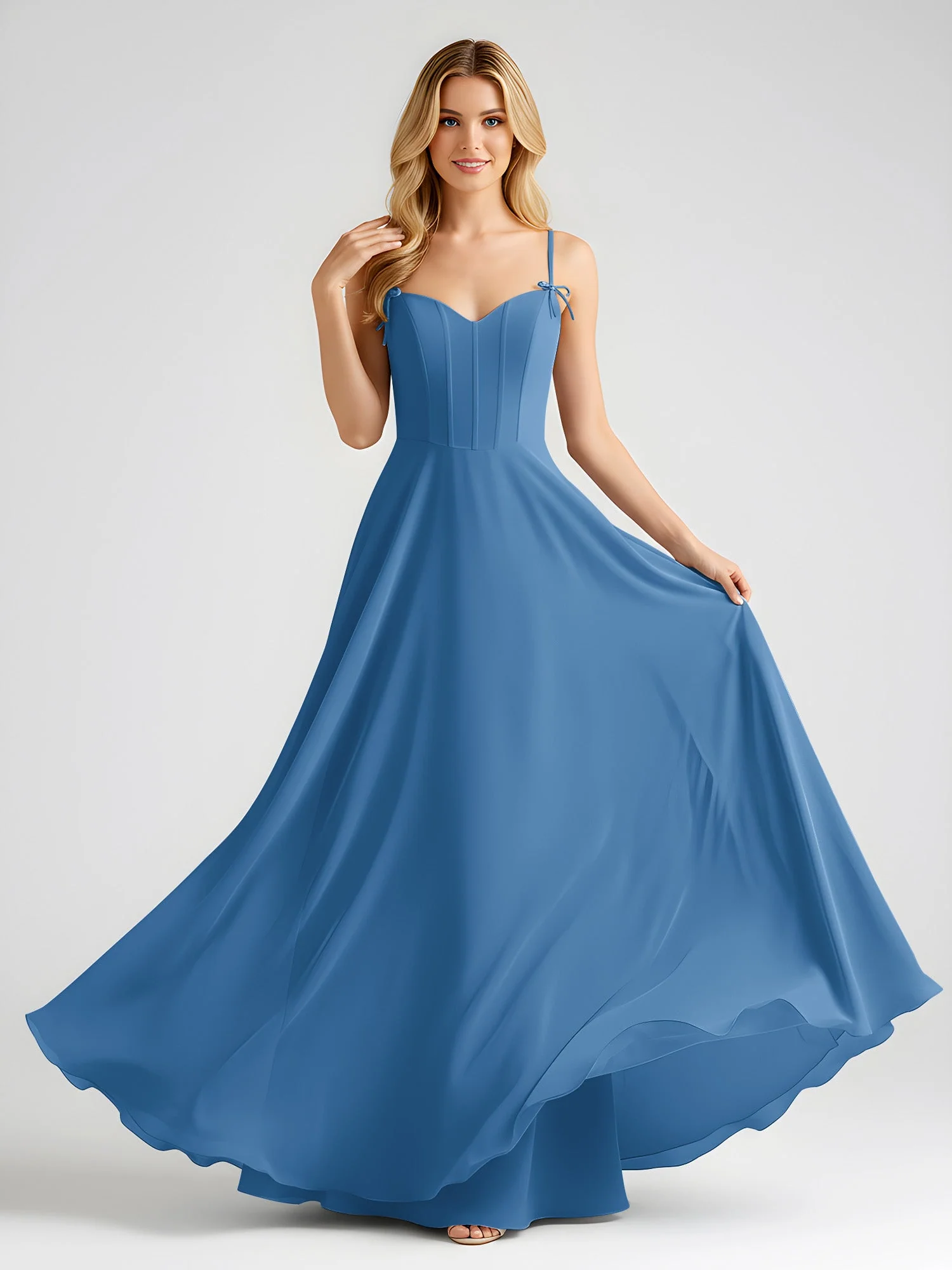 Spaghettiträger A-Linie Maxi Kleid mit Schleife Detail Tinte Blau - Image 3
