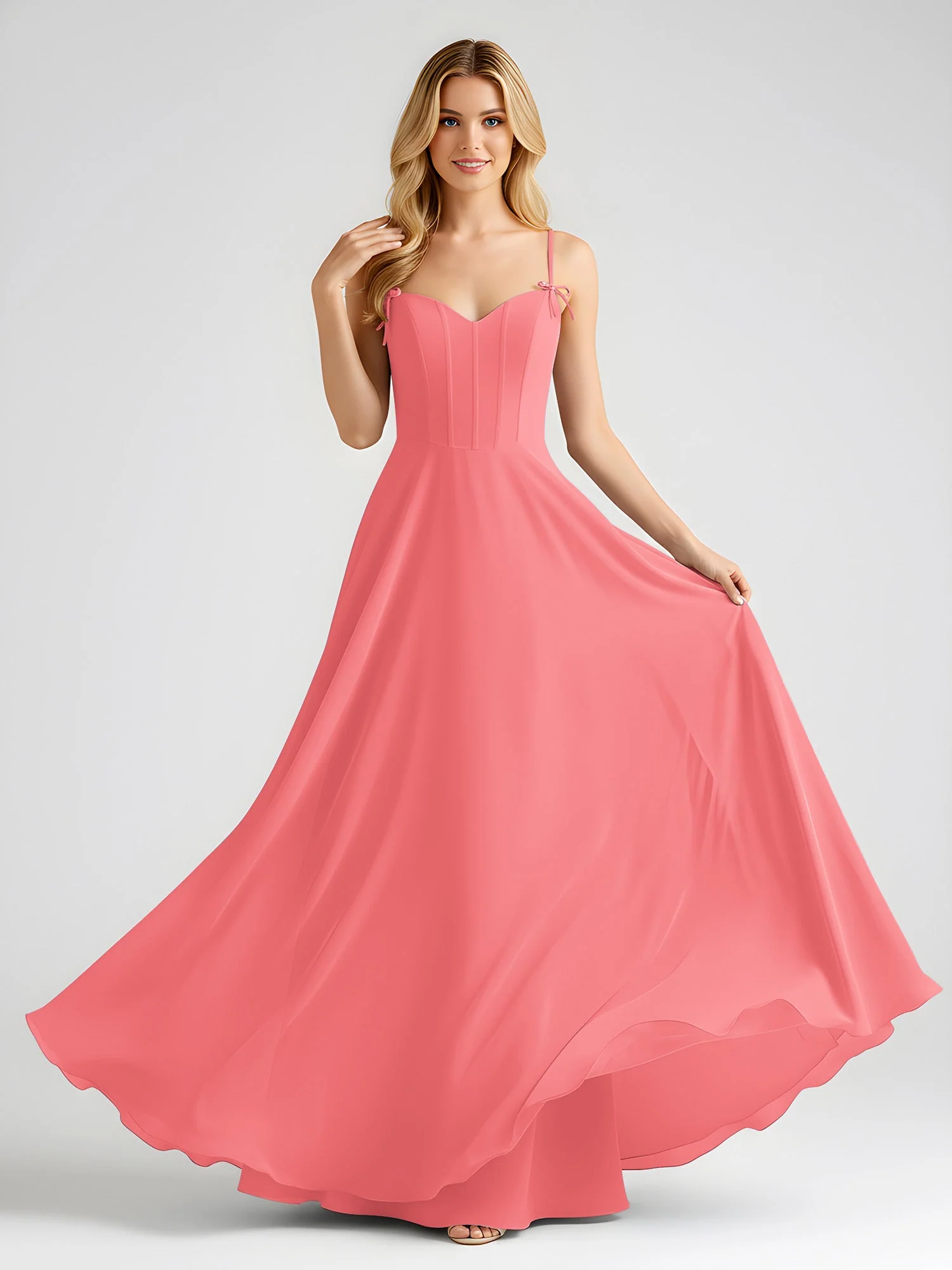 Spaghettiträger A-Linie Maxi Kleid mit Schleife Detail Wassermelone - Image 3