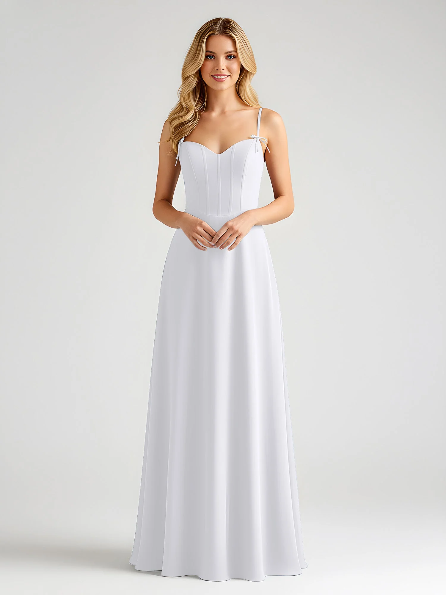 Spaghettiträger A-Linie Maxi Kleid mit Schleife Detail Weiß